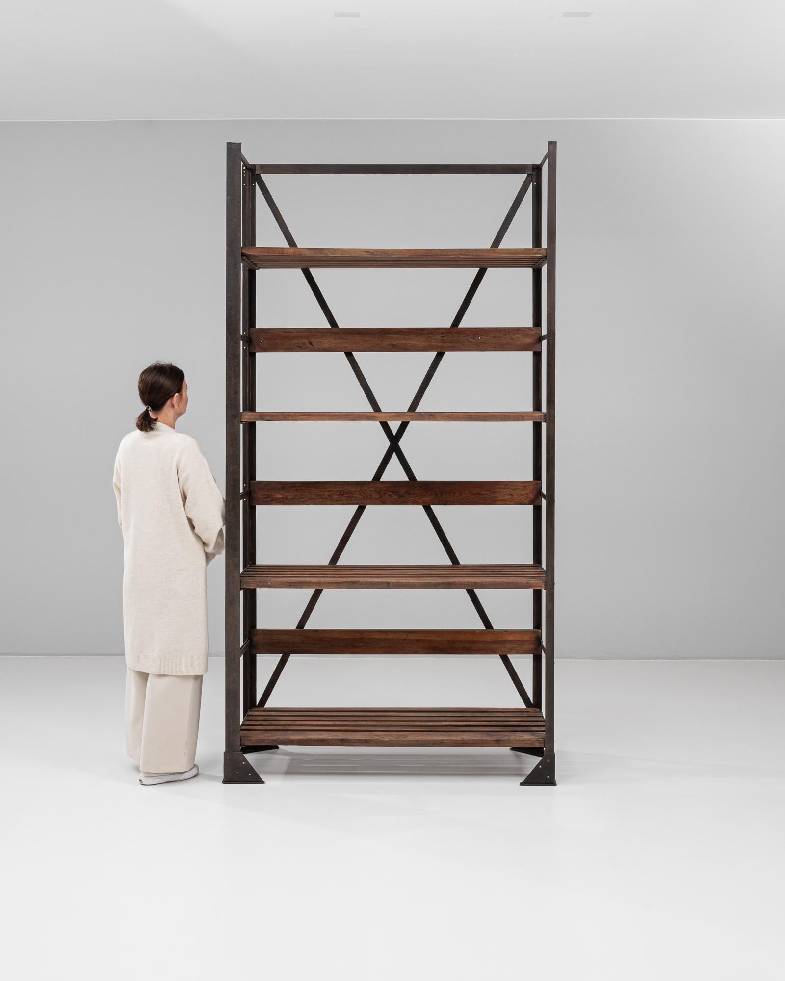 20th Century French Industrial Iron and Wood Bookshelf In Good Condition For Sale In High Point, NC