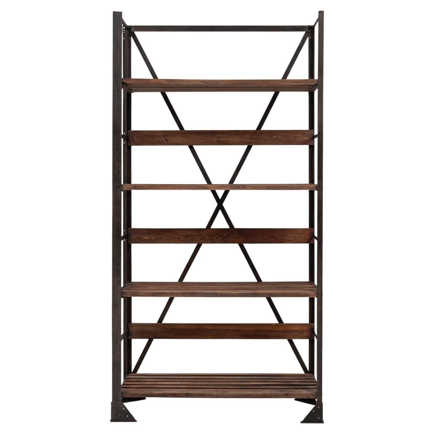 20th Century French Industrial Iron and Wood Bookshelf For Sale