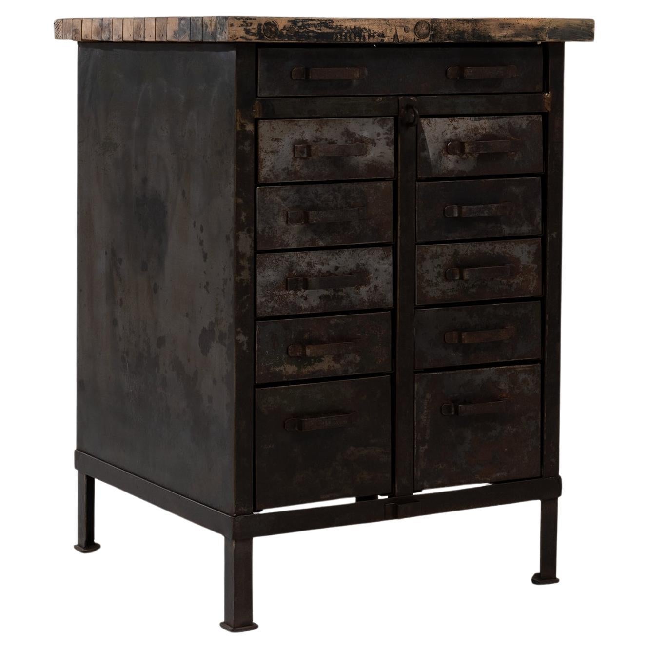 20th Century French Industrial Metal Cabinet With Wooden Top