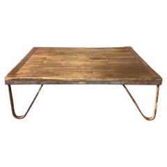 20th Century French Industrial Style Wood Coffee Table - Low Vintage Sofa Table