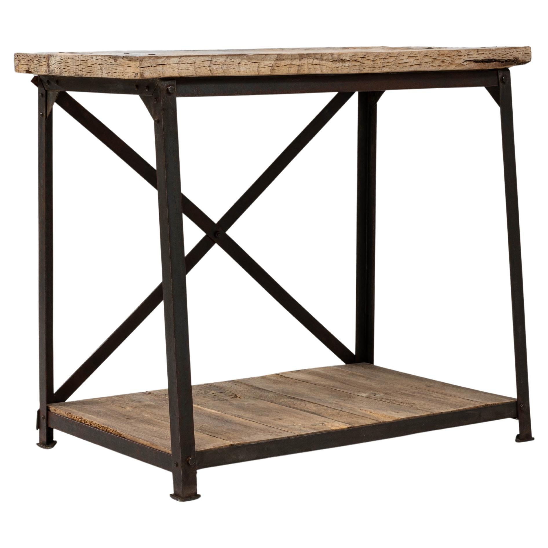 20th Century French Industrial Wooden Table On Metal Base