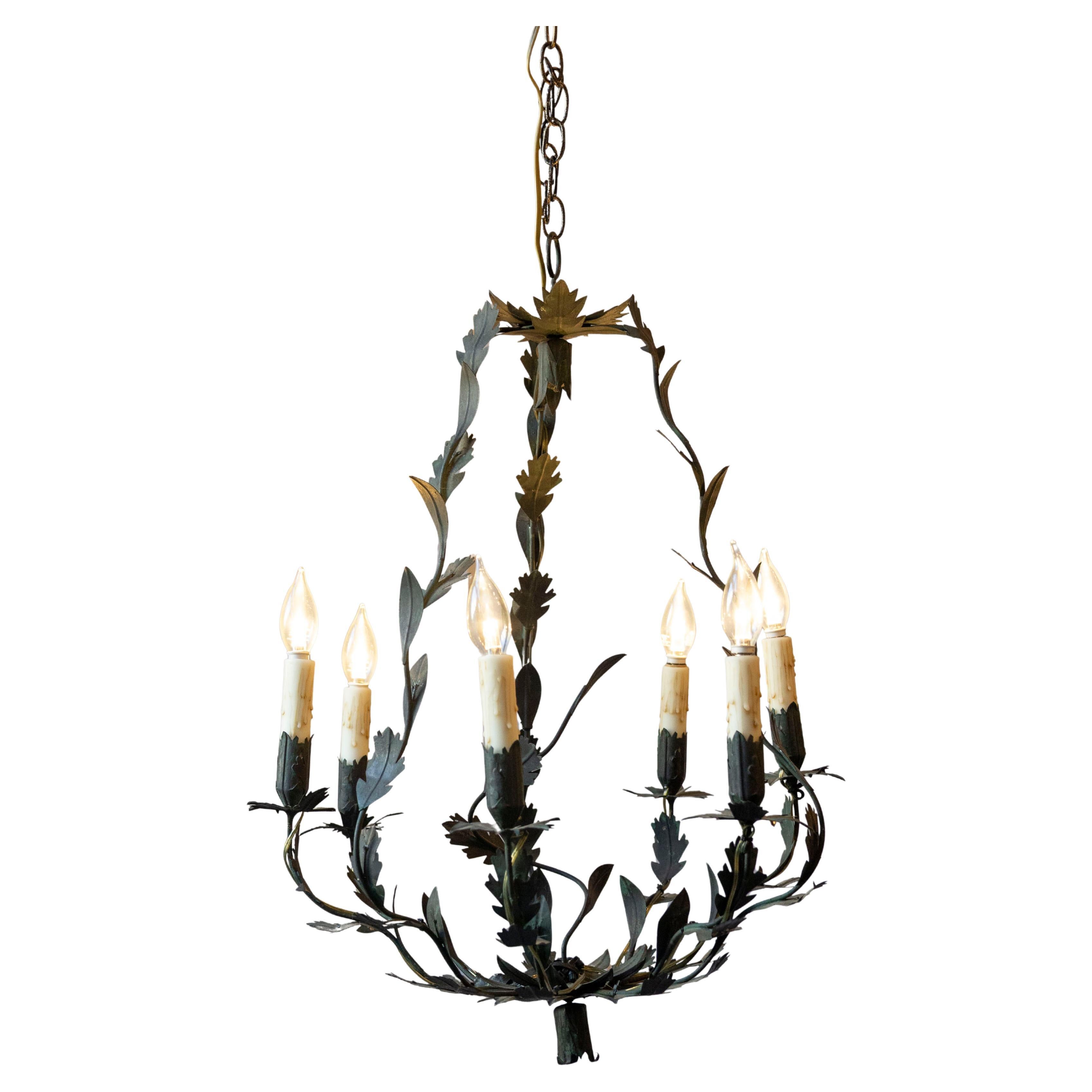 20th-Century French Iron Chandelier with Foliate Details