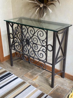 20th Century French Iron Gate Fragment Console Table with Glass