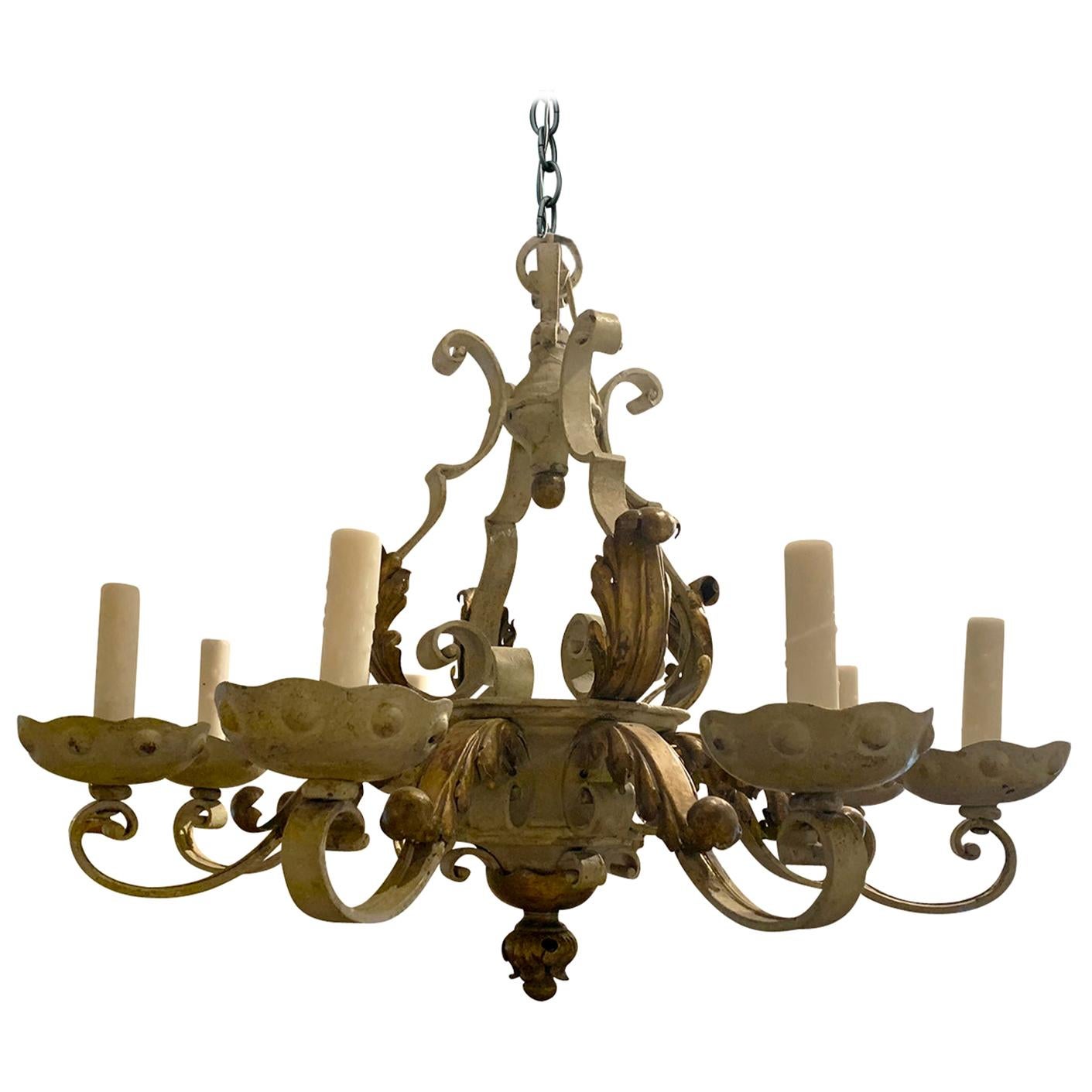 20th Century French Iron and Gilt EightArm Chandelier with Celadon