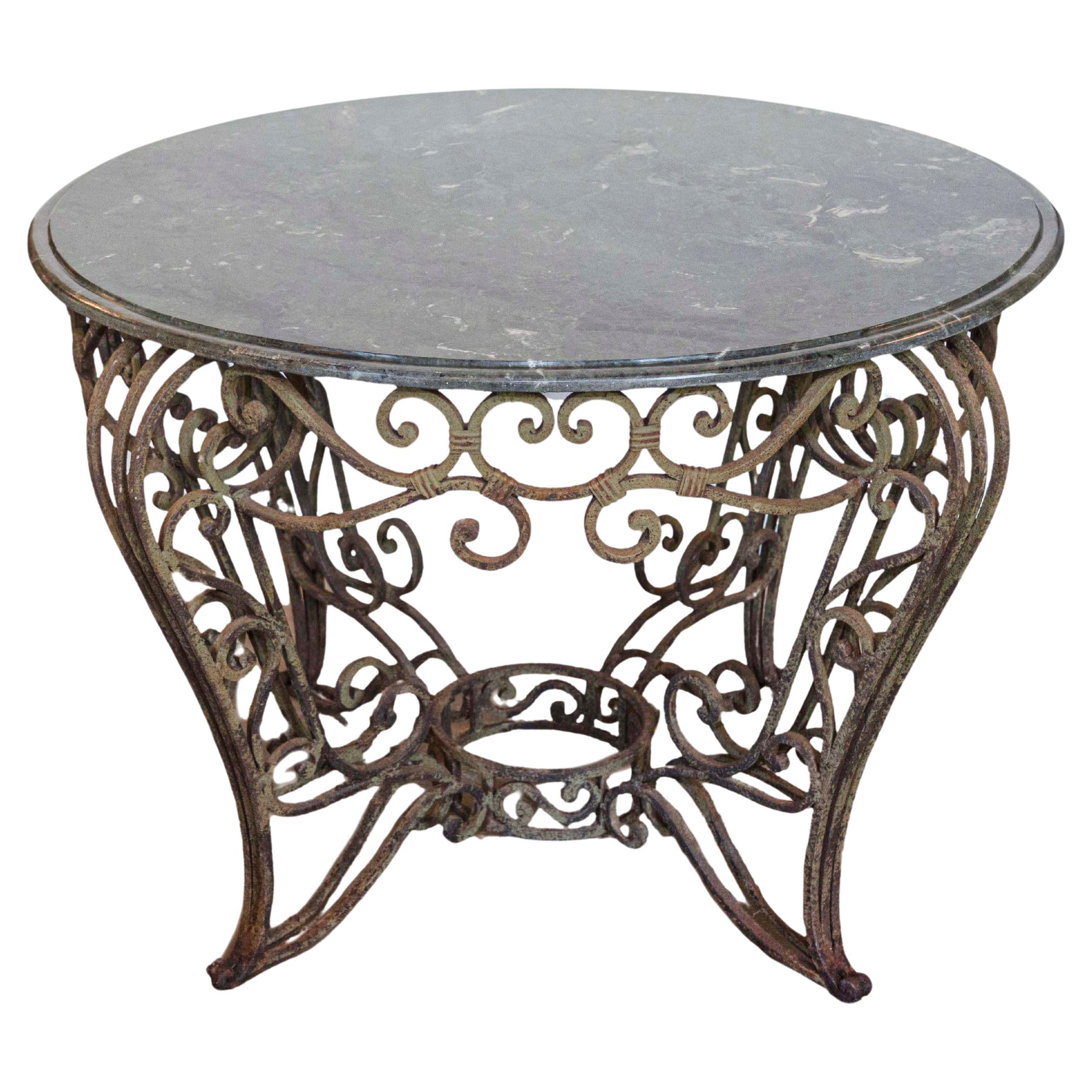 Table centrale ronde française du 20ème siècle avec marbre Verde