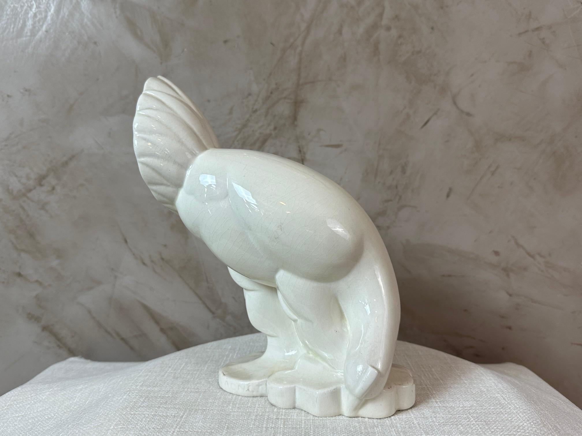 Beautiful pecking chicken in cracked earthenware from the Art Deco period, signed Jacques 