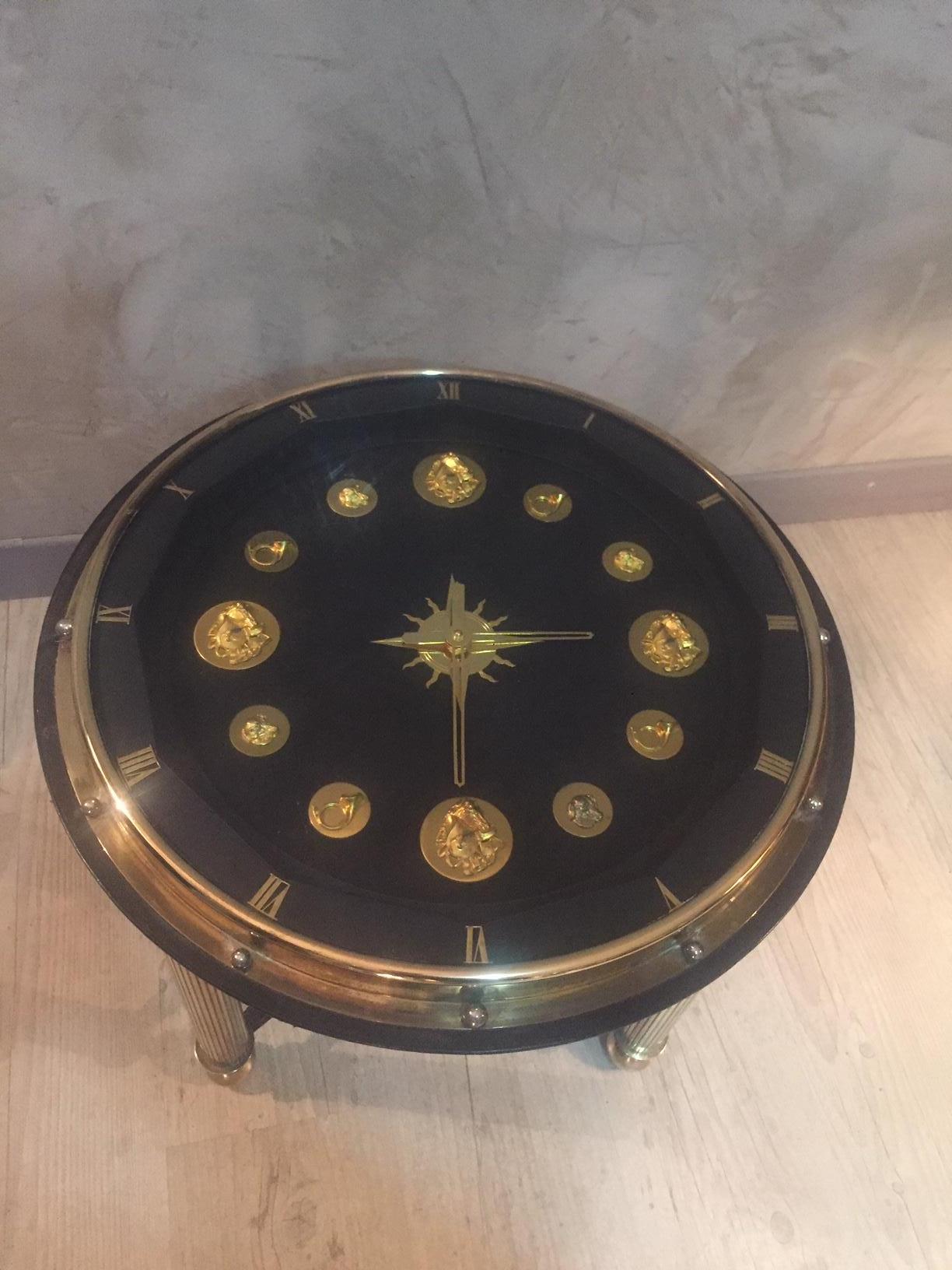 Gilt 20th Century, French Jacques Adnet Hunting Court Clock Coffee Table, 1950s For Sale