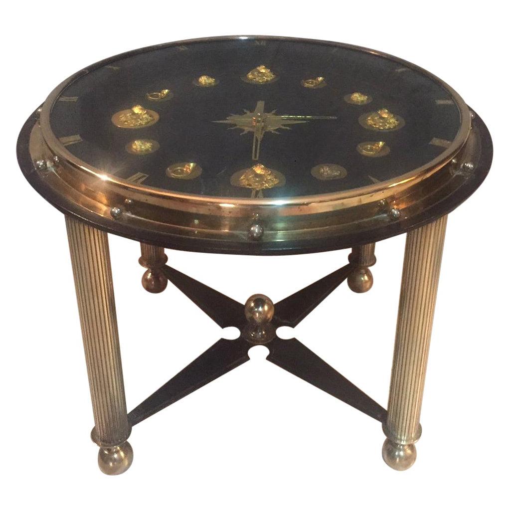 20th Century, French Jacques Adnet Hunting Court Clock Coffee Table, 1950s For Sale