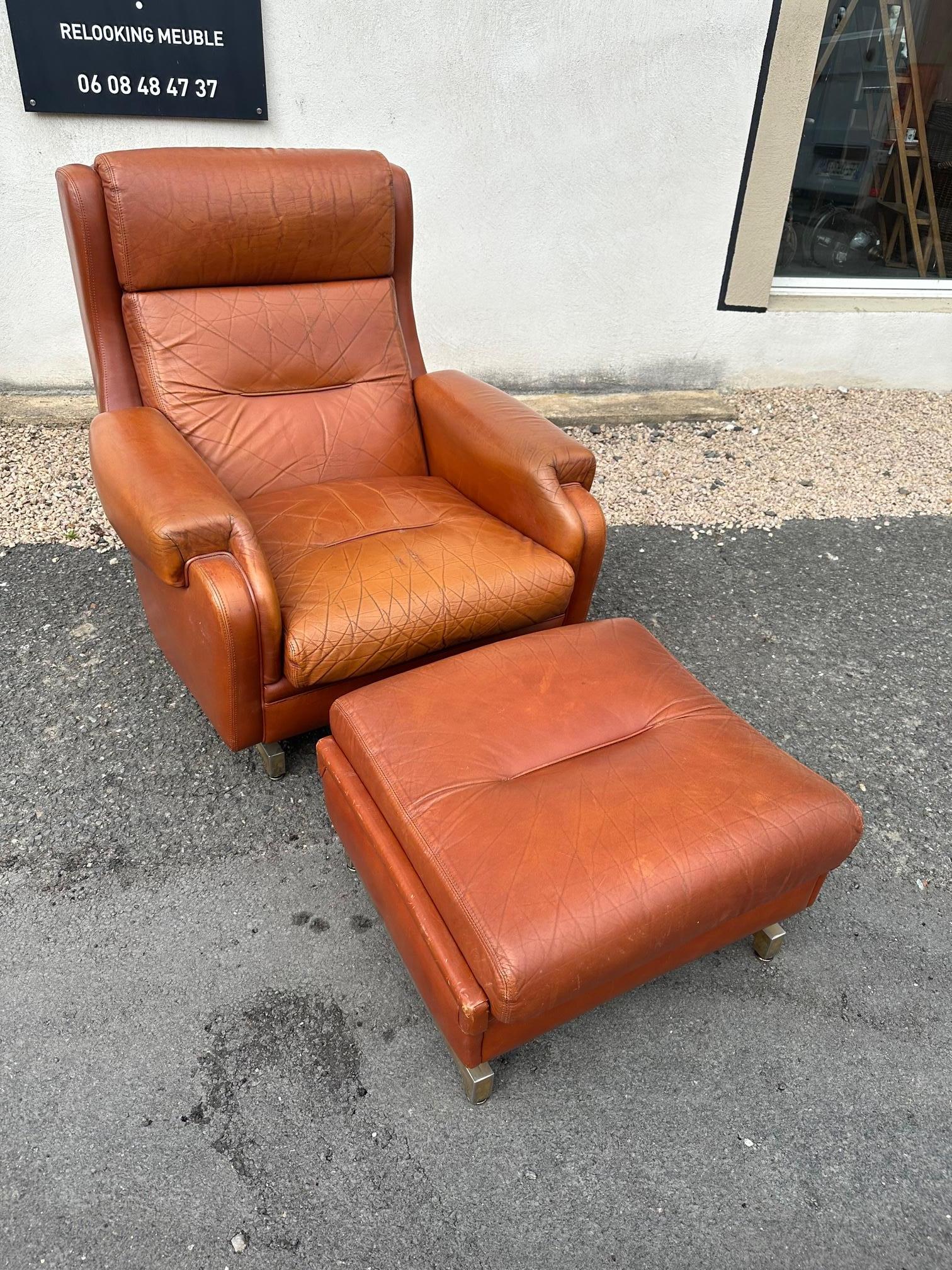 20th century French Jean Prevost Leather Armchair with Stool, 1970s In Good Condition In LEGNY, FR