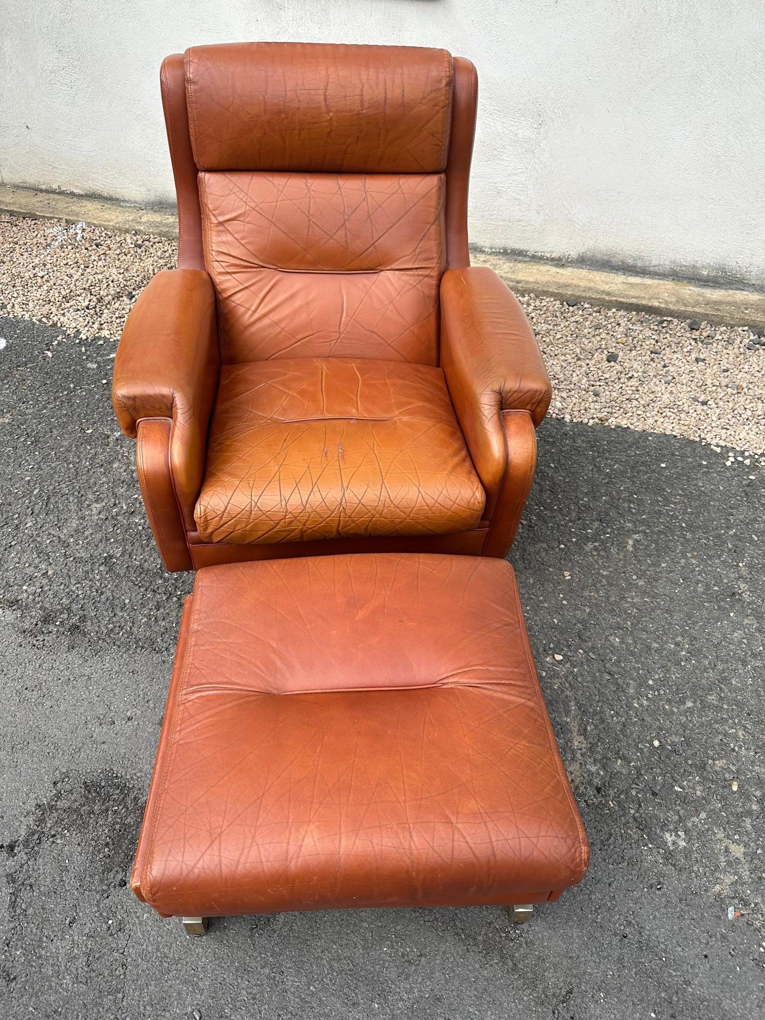 Late 20th Century 20th century French Jean Prevost Leather Armchair with Stool, 1970s