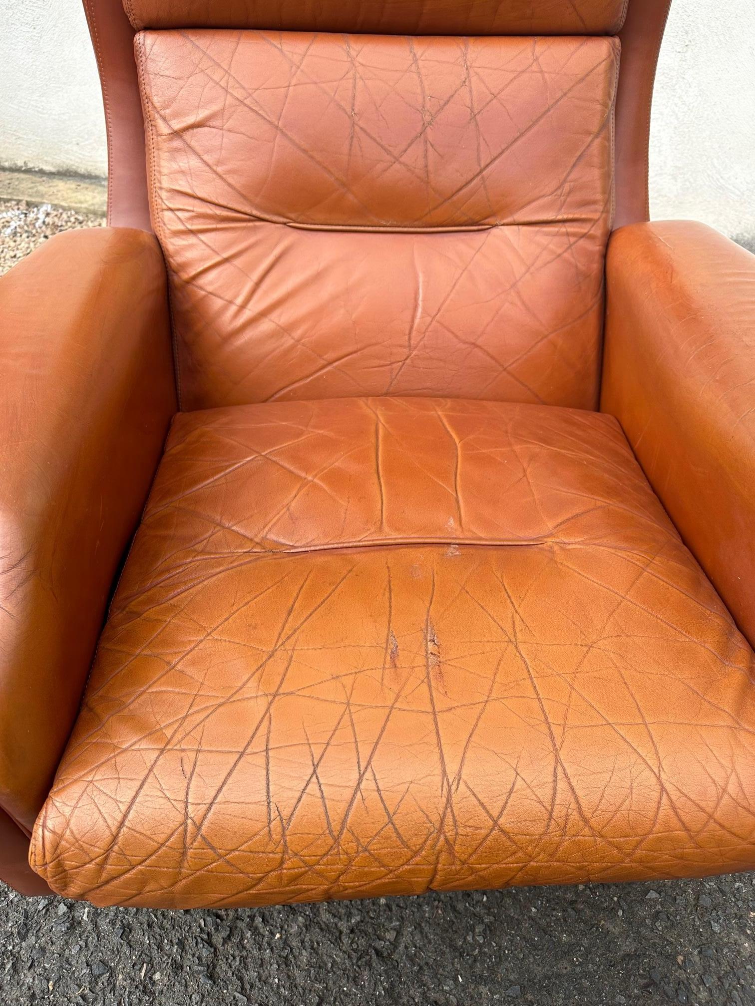 20th century French Jean Prevost Leather Armchair with Stool, 1970s 2