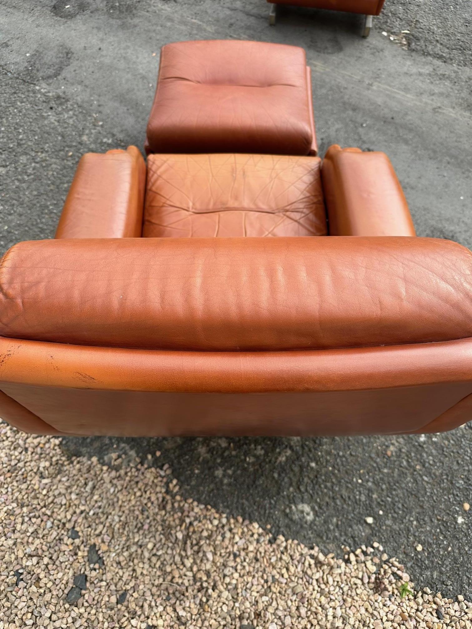 20th century French Jean Prevost Leather Armchair with Stool, 1970s 4