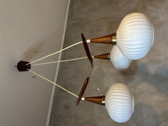 20th century French Jean Rispal Teak and Opaline Chandelier, 1960s