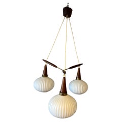 20th century French Jean Rispal Teak and Opaline Chandelier, 1960s