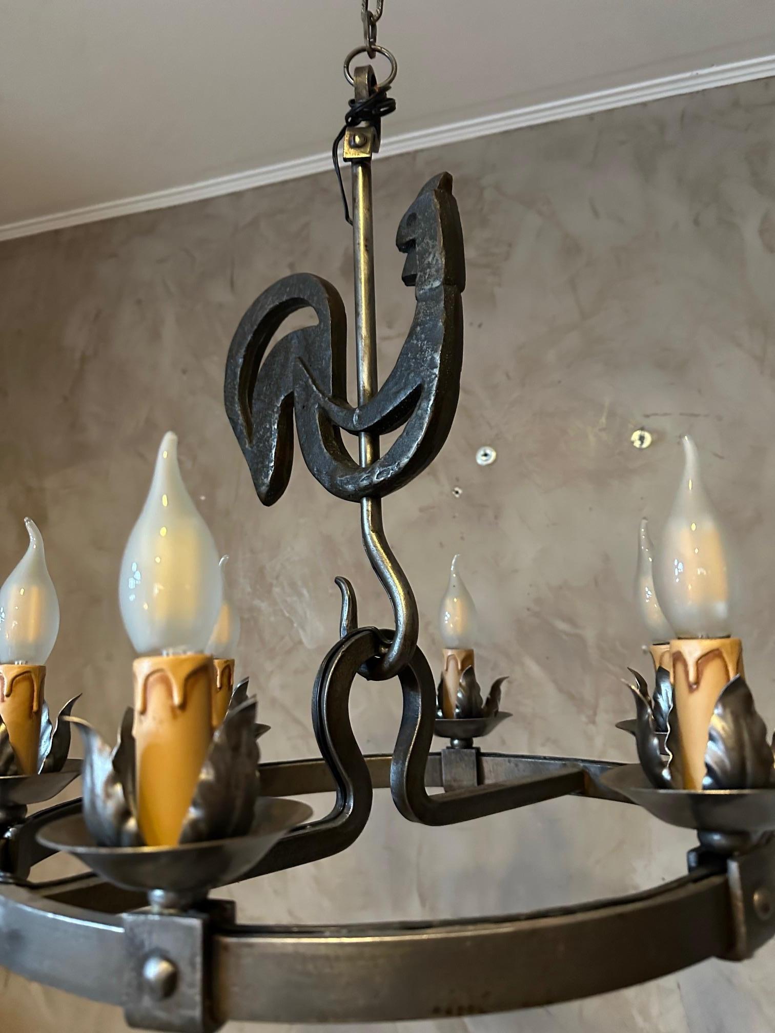 20th century French Jean Touret Wrought Iron Chandelier, 1950s For Sale 7