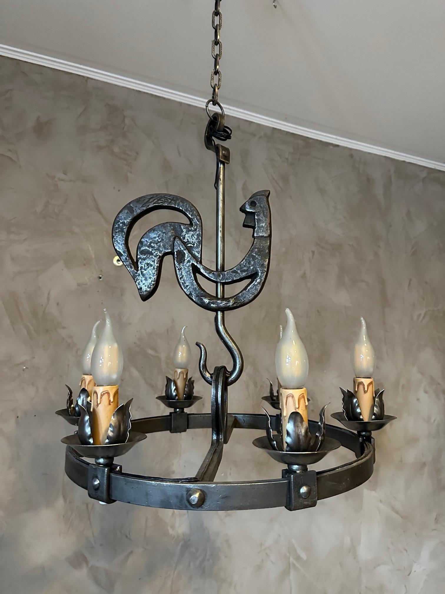 20th century French Jean Touret Wrought Iron Chandelier, 1950s For Sale 8