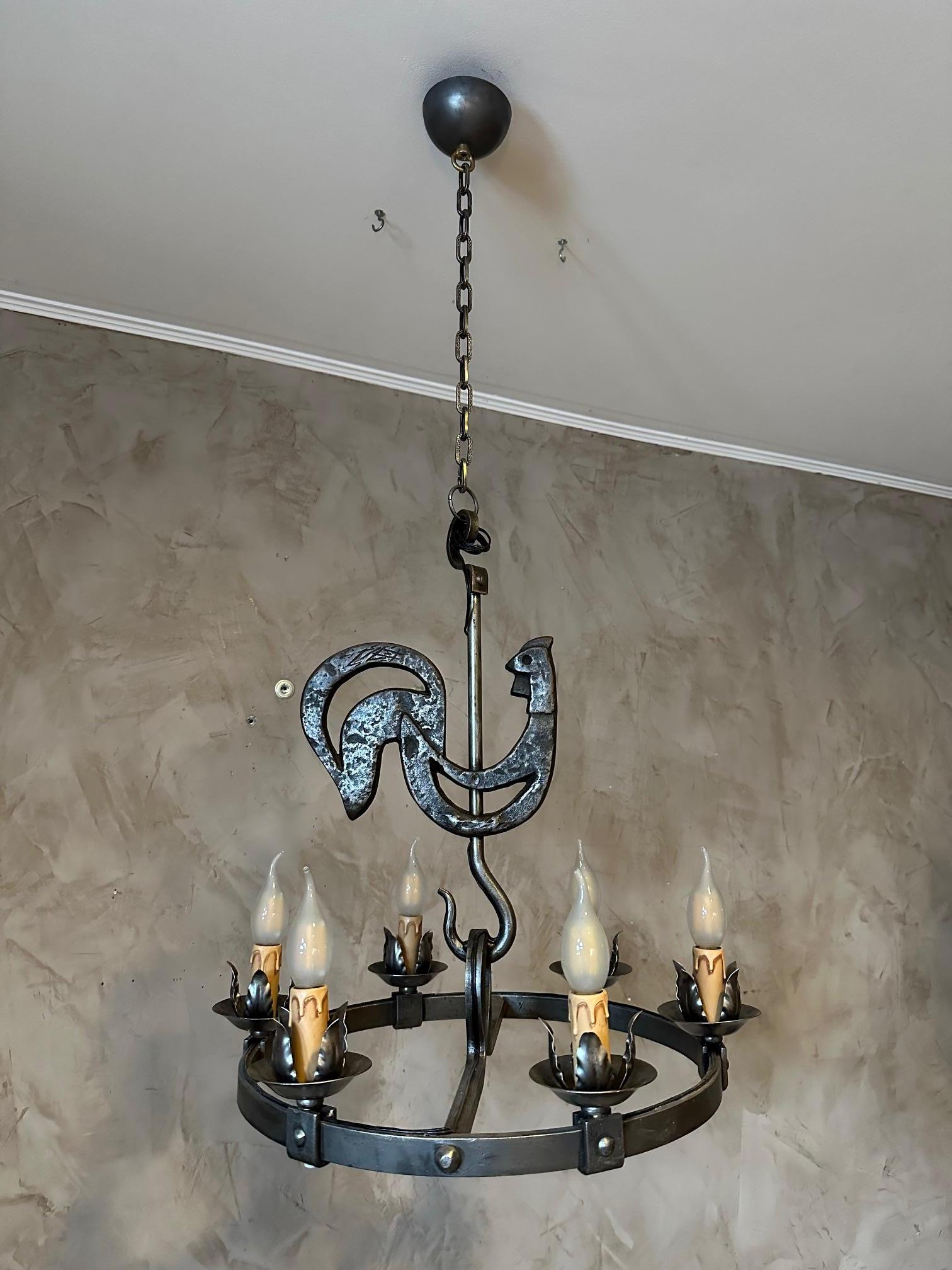 20th century French Jean Touret Wrought Iron Chandelier, 1950s For Sale 9