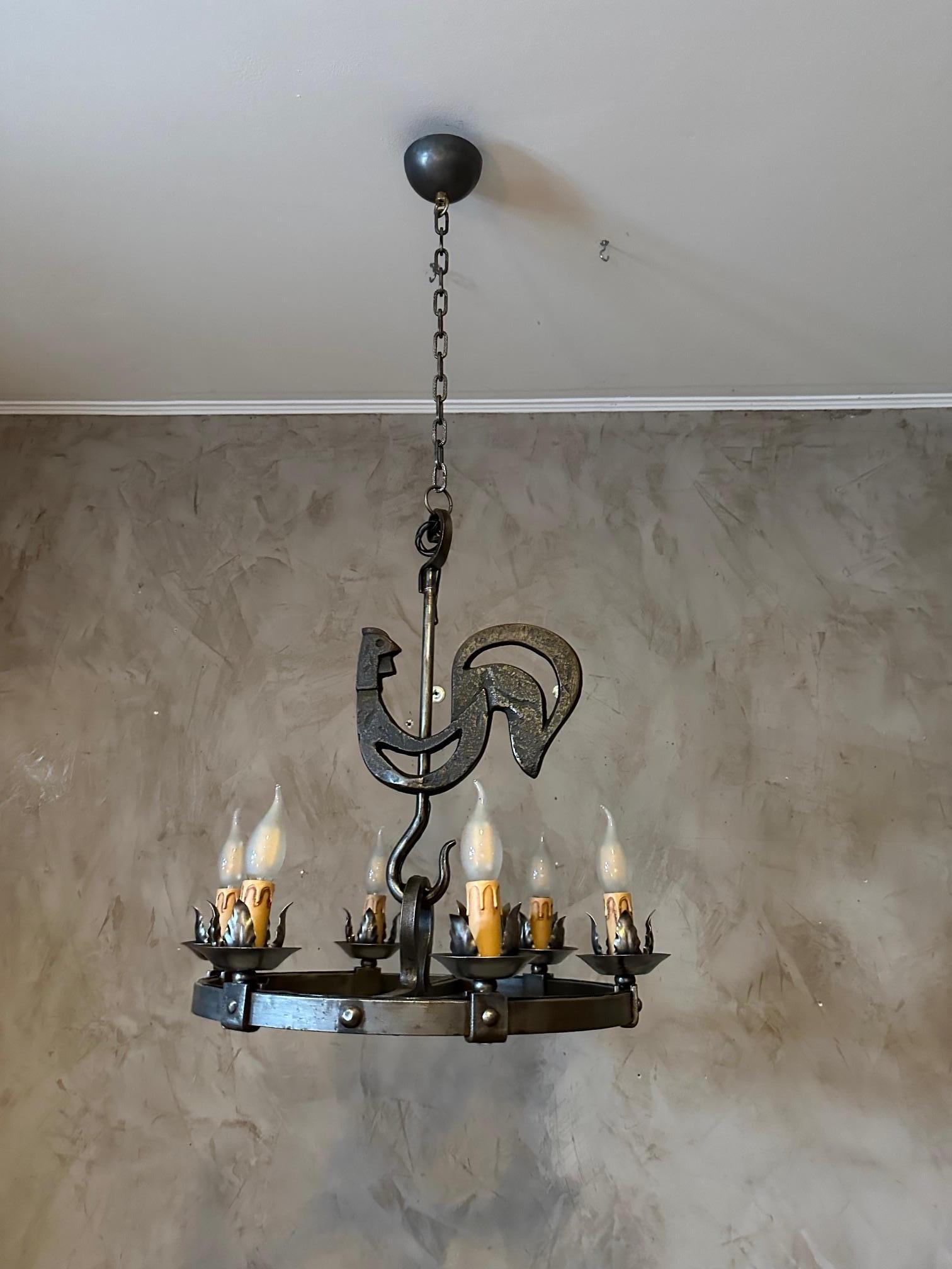 20th century French Jean Touret Wrought Iron Chandelier, 1950s In Good Condition For Sale In LEGNY, FR