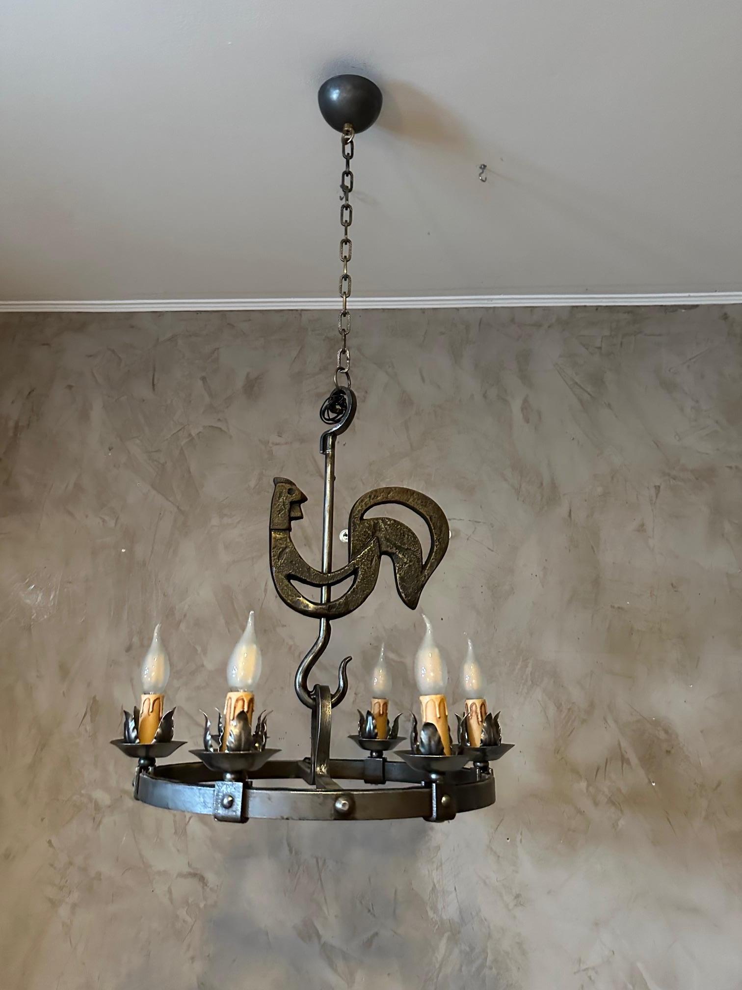Mid-20th Century 20th century French Jean Touret Wrought Iron Chandelier, 1950s For Sale