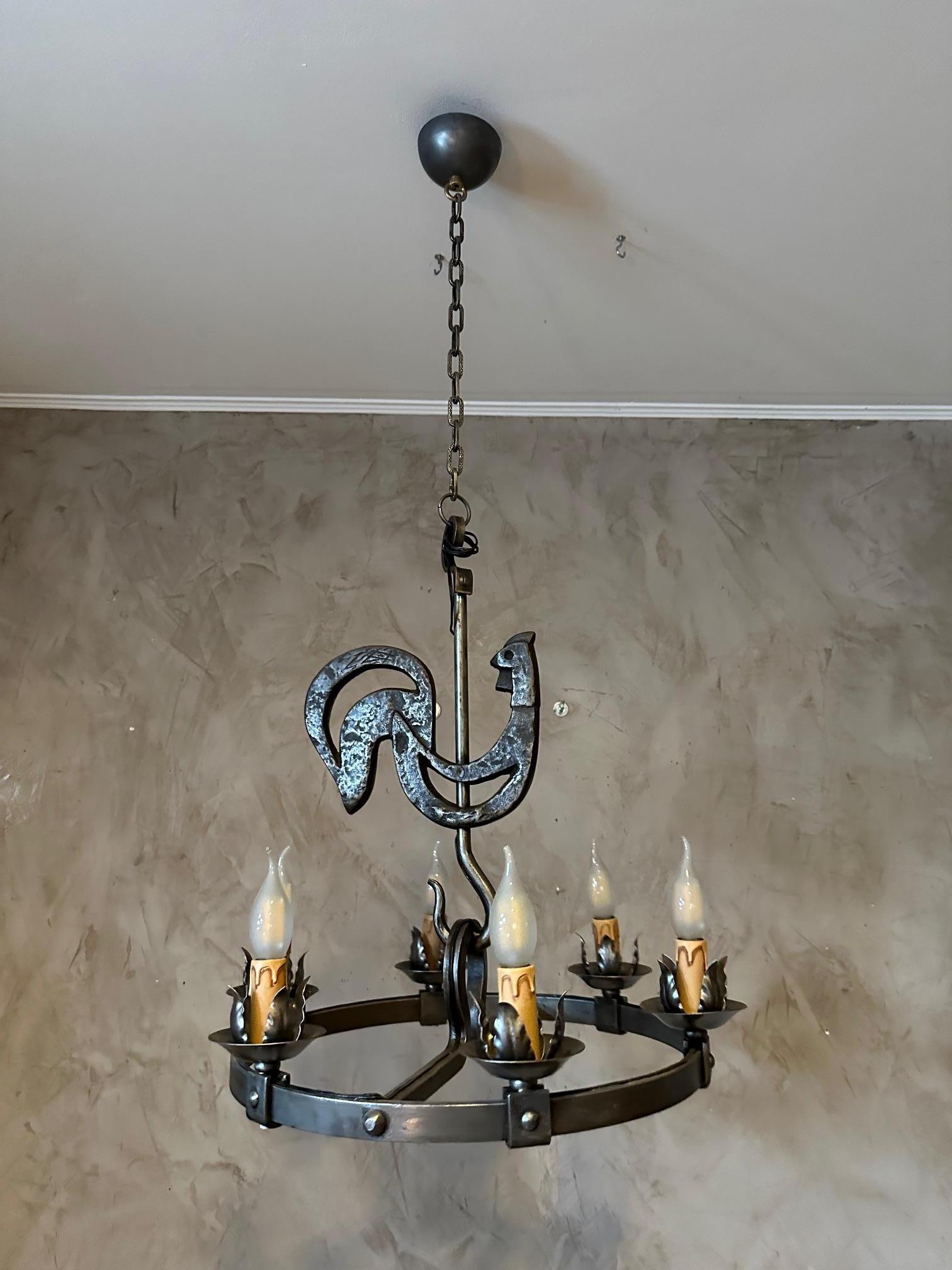 20th century French Jean Touret Wrought Iron Chandelier, 1950s For Sale 1