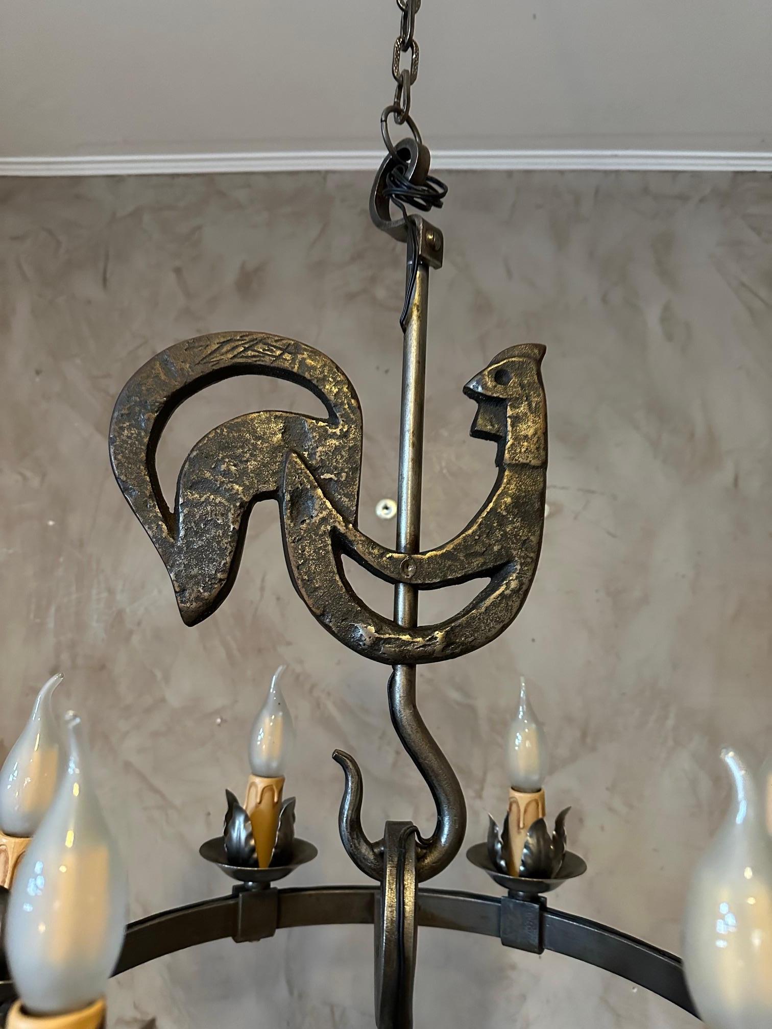 20th century French Jean Touret Wrought Iron Chandelier, 1950s For Sale 2