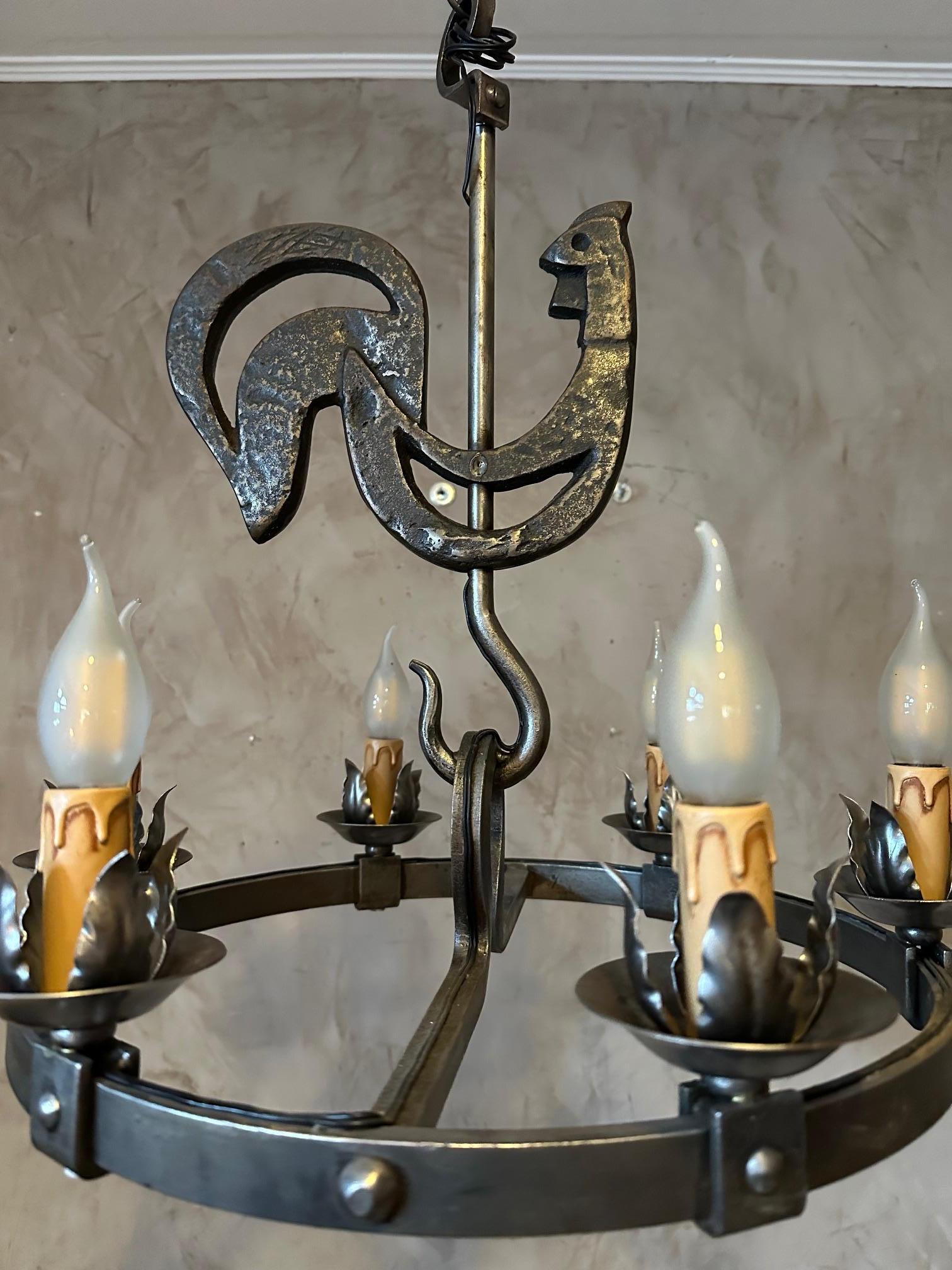 20th century French Jean Touret Wrought Iron Chandelier, 1950s For Sale 3
