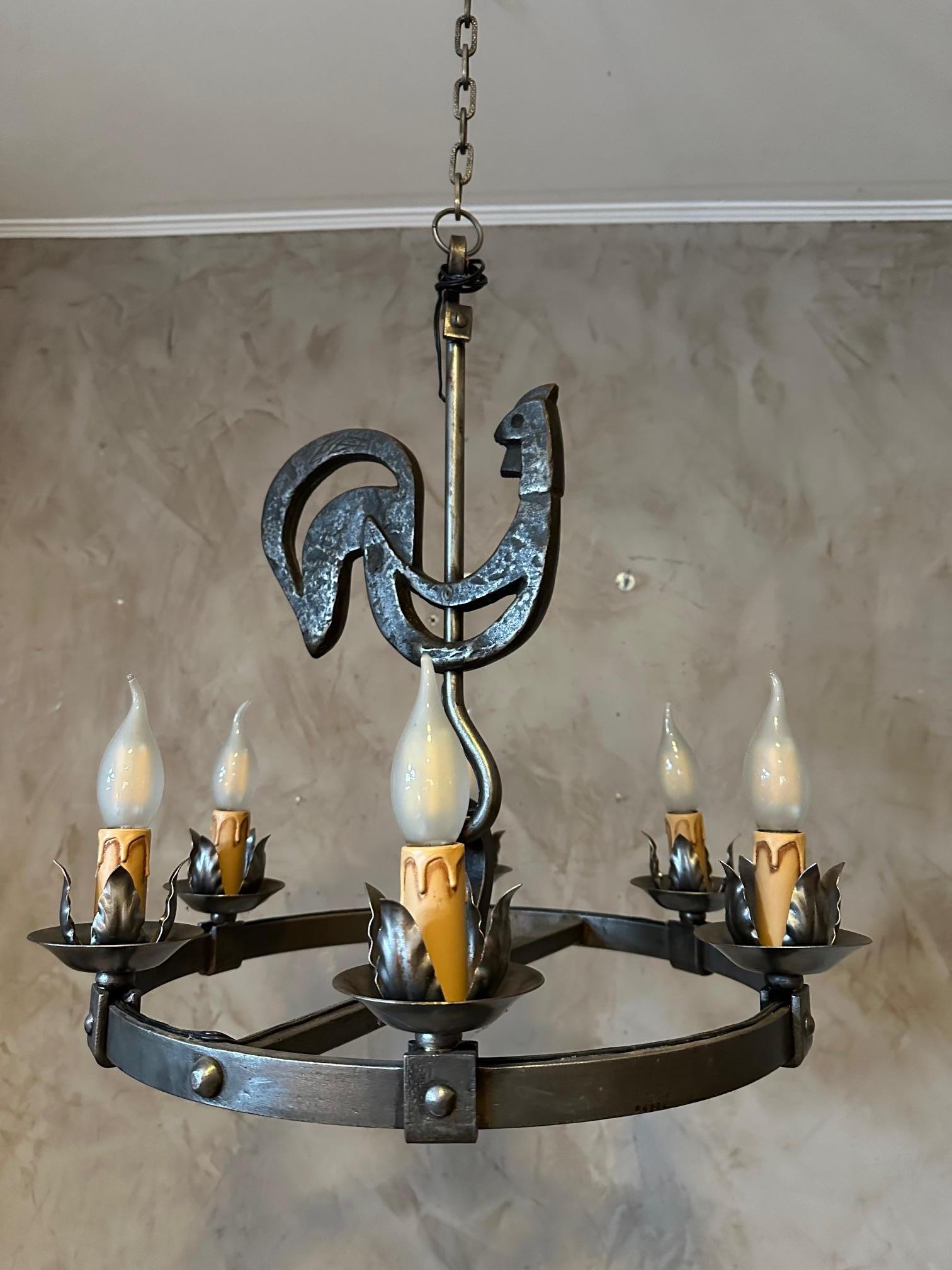 20th century French Jean Touret Wrought Iron Chandelier, 1950s For Sale 4