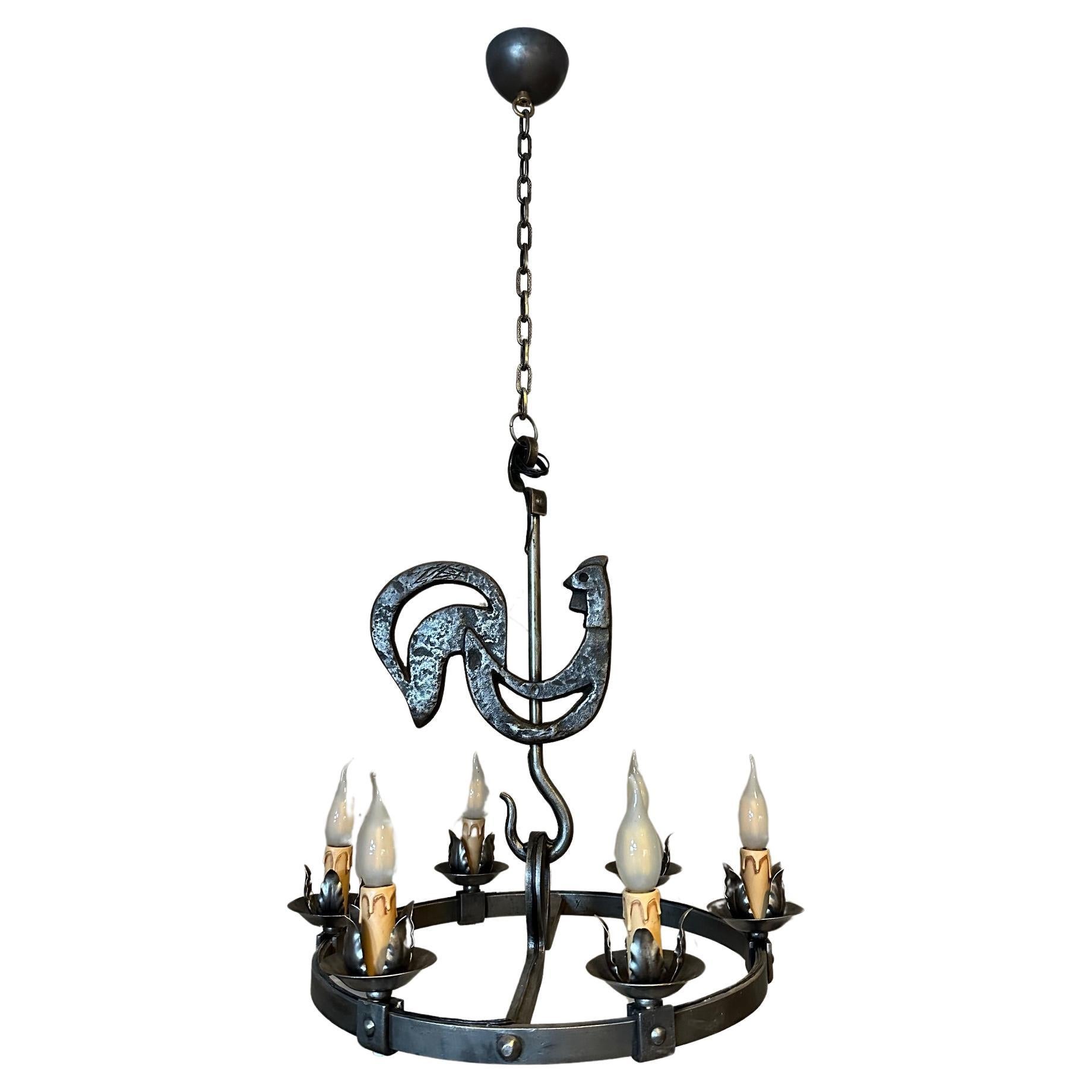 20th century French Jean Touret Wrought Iron Chandelier, 1950s For Sale