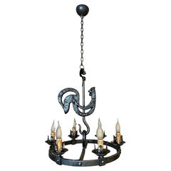 Retro 20th century French Jean Touret Wrought Iron Chandelier, 1950s