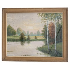 Quadro di paesaggio francese del XX secolo con cornice in legno dorato