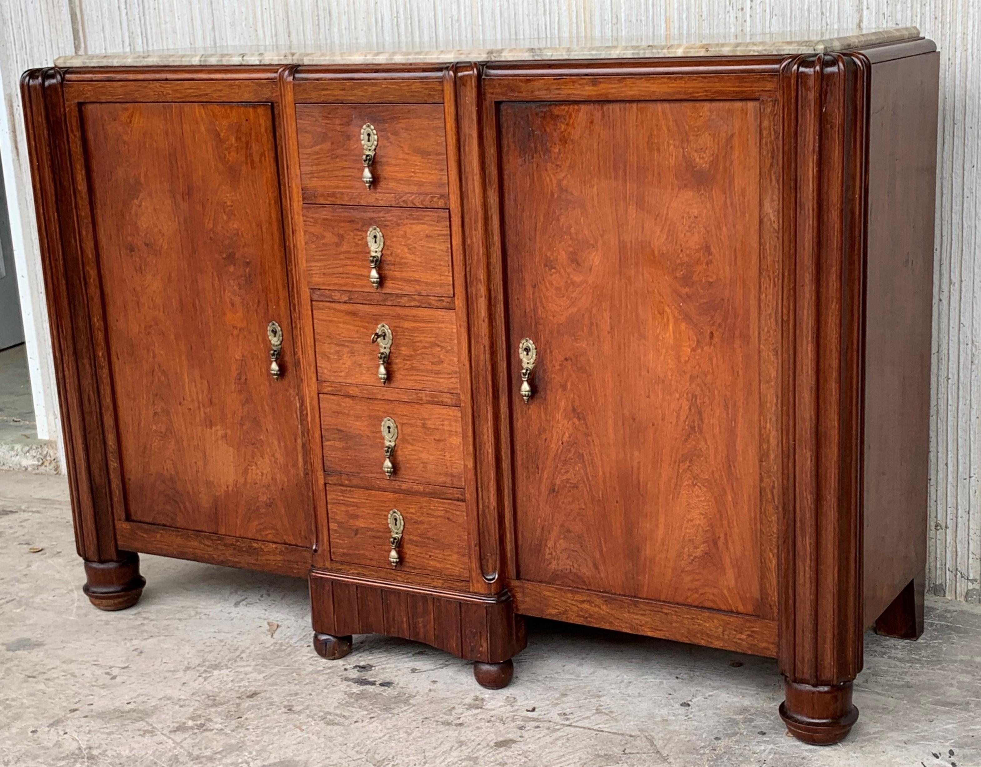 Marble 20th Century French Large Mahogany and Macassar Art Deco Sideboard For Sale