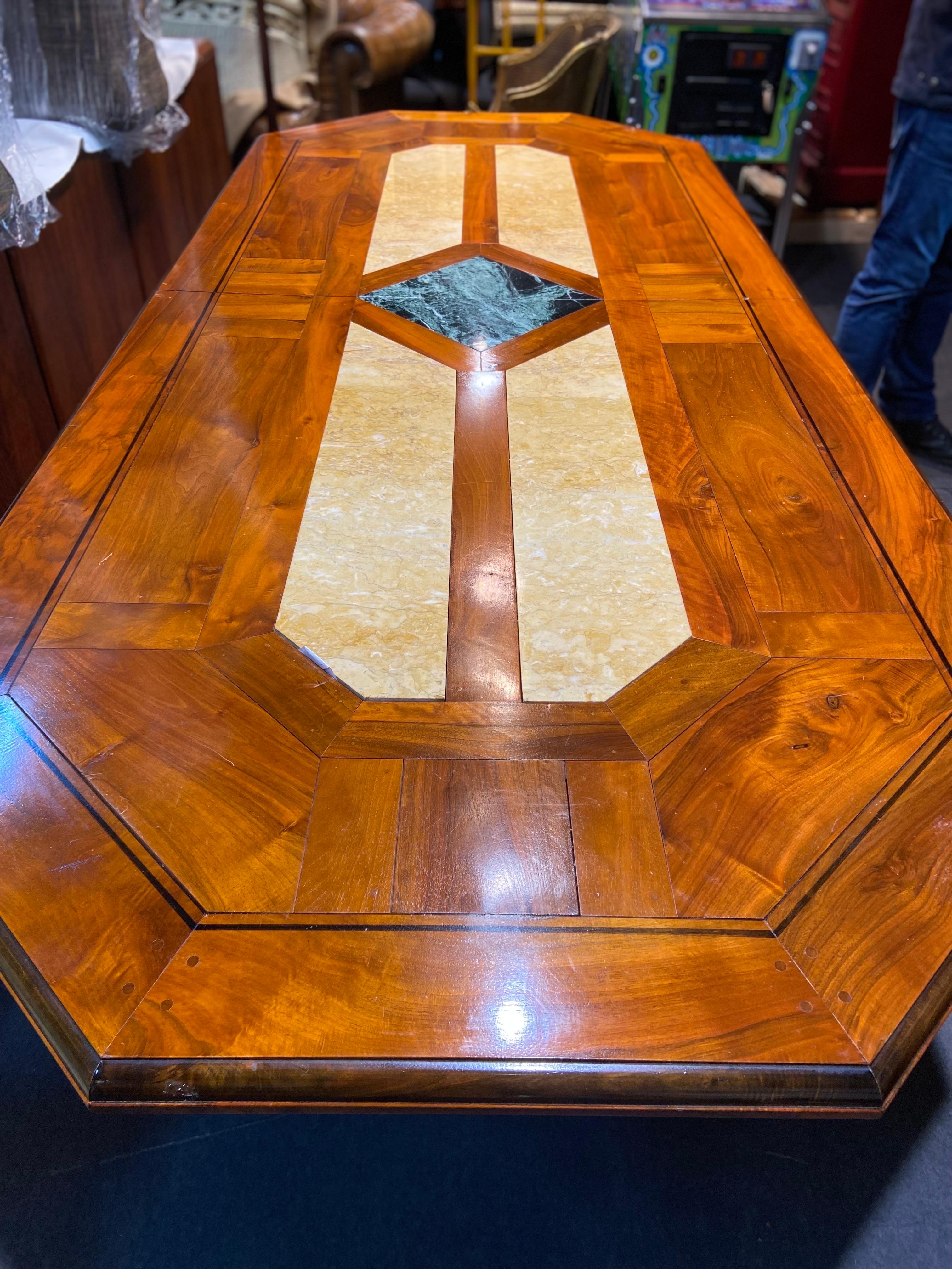 20th Century French Large Walnut Extendable Dining Table with Marble Decoration In Good Condition For Sale In Sofia, BG