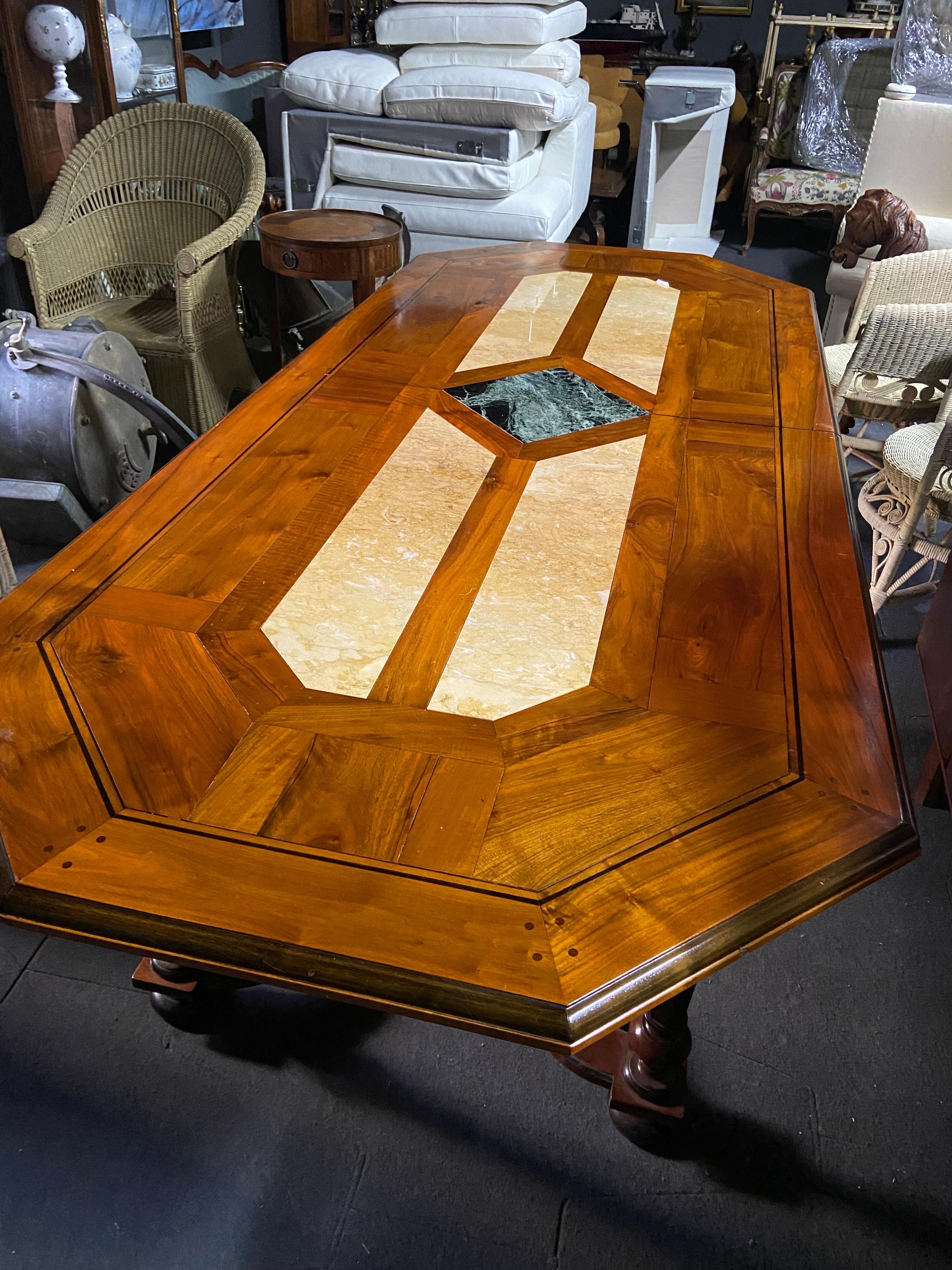 20th Century French Large Walnut Extendable Dining Table with Marble Decoration For Sale 4
