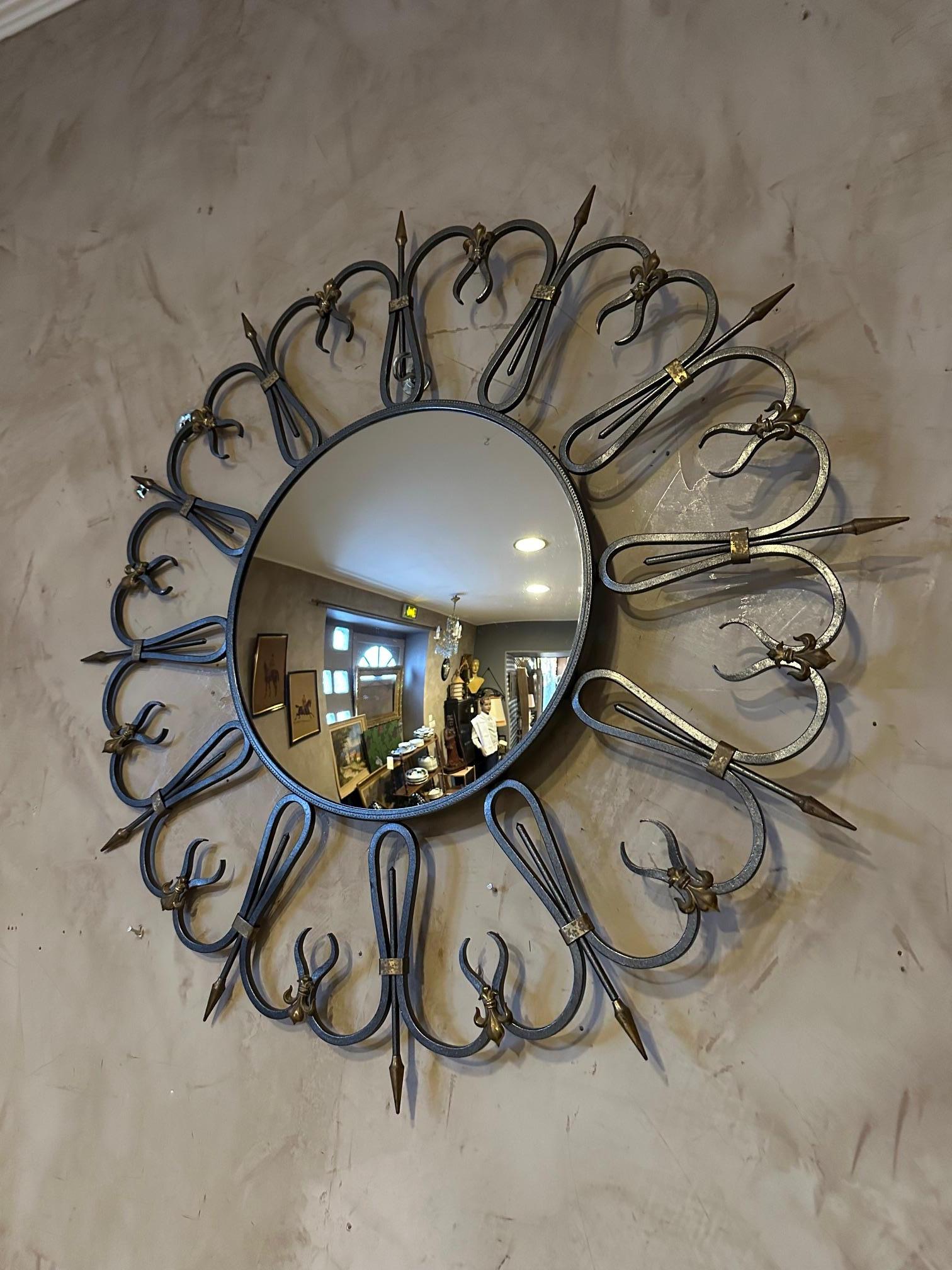 20th century French Lillies Wrought Iron Convex Mirrror, 1960s For Sale 1