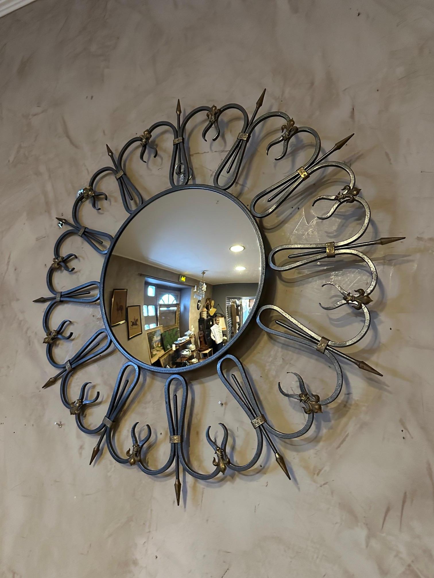 20th century French Lillies Wrought Iron Convex Mirrror, 1960s For Sale 2