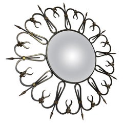 20th century French Lillies Wrought Iron Convex Mirrror, 1960s