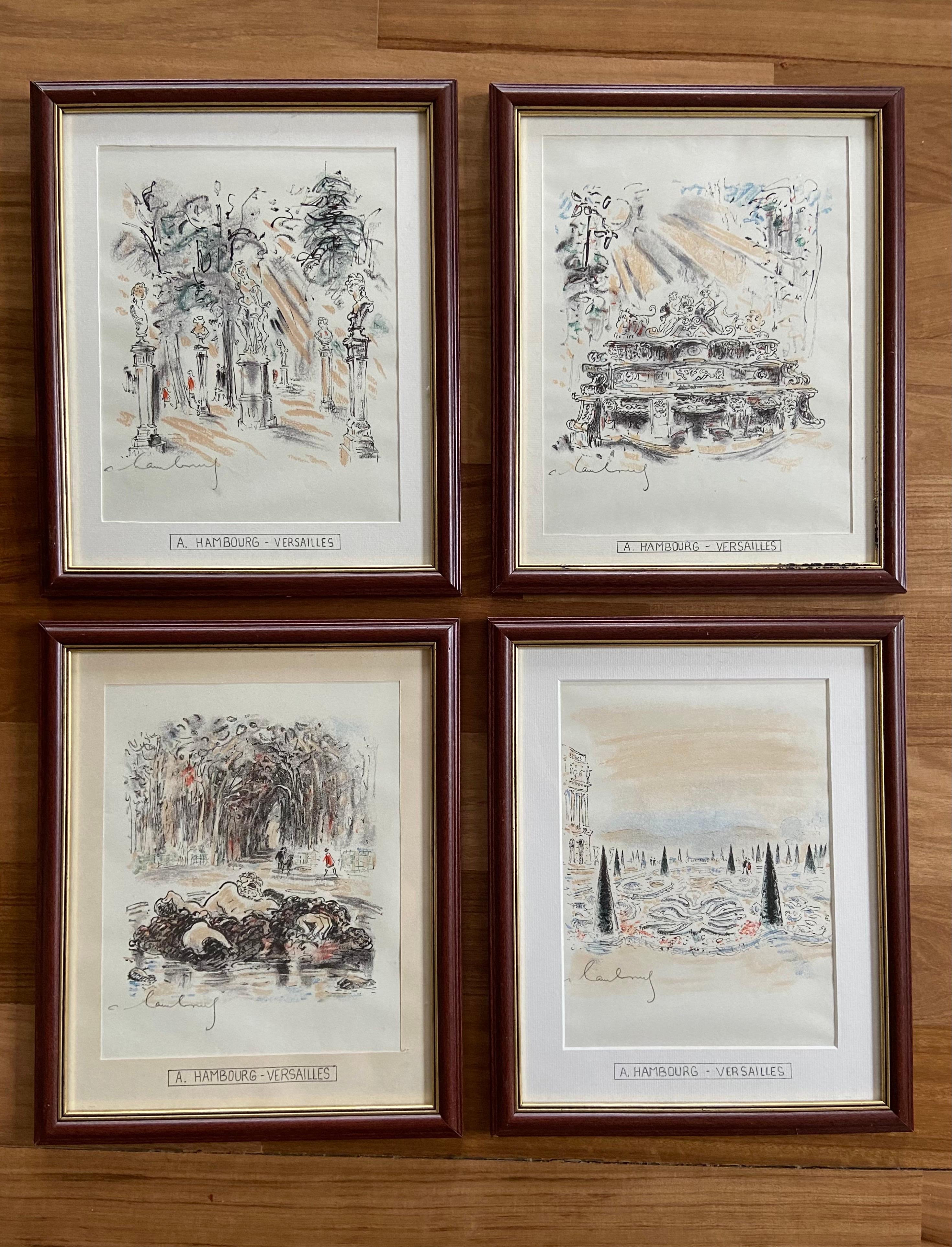 Four original lithographs of Versailles signed and numbered by the French artist André Hambourg. All of them are framed and the edition is written at the back, all four are from a 30 pieces limited edition.
France, circa 1970.
 