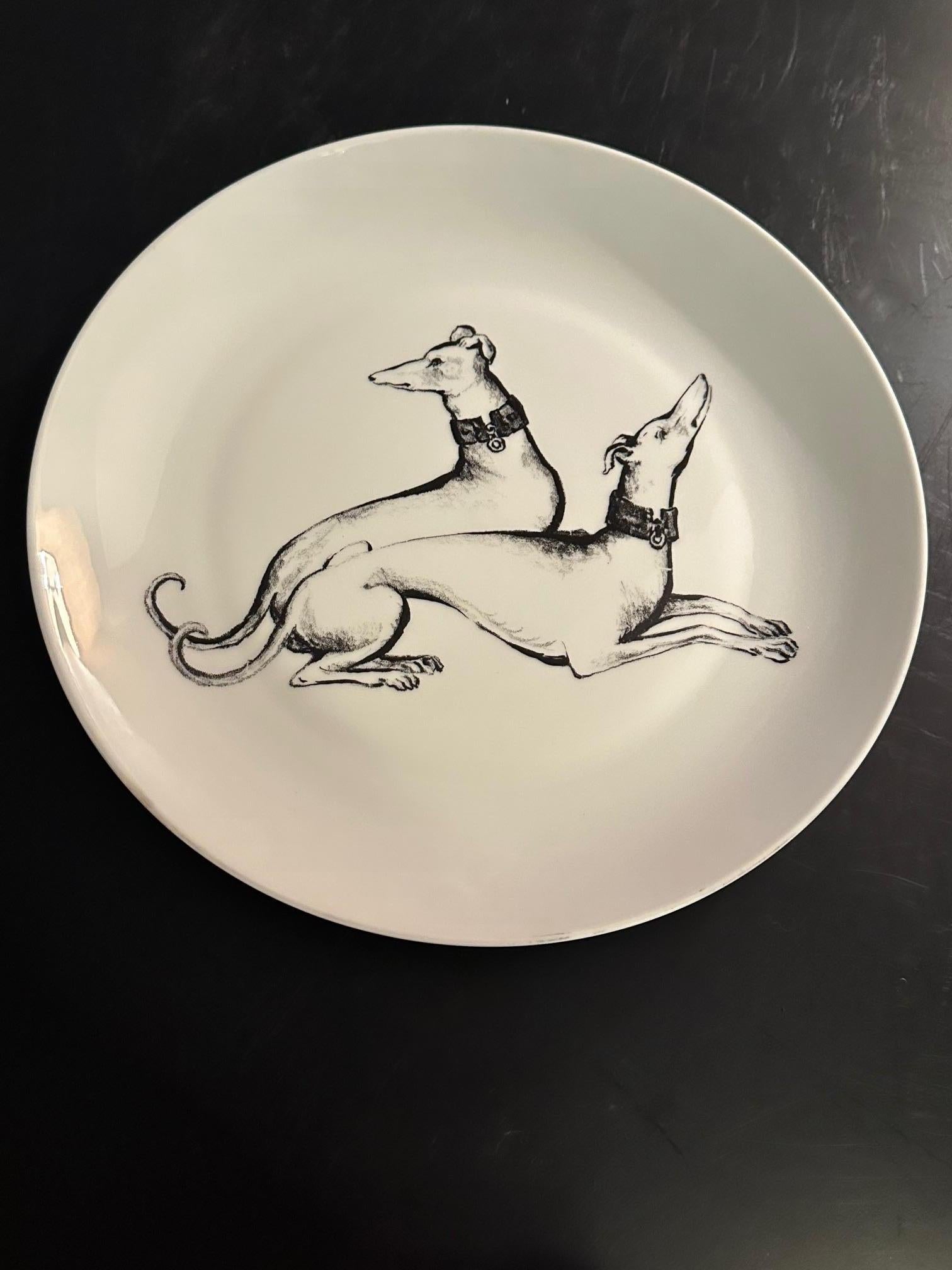 20th century French Limoges Porcelain Greyhound Large Plate, 1980s In Good Condition In LEGNY, FR