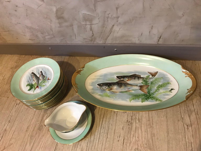 20th Century French Limoges Porcelain Hand Painted Fish Serveware, 1950s For Sale 8