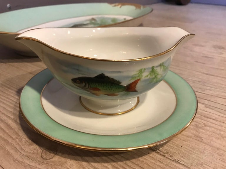20th Century French Limoges Porcelain Hand Painted Fish Serveware, 1950s For Sale 3