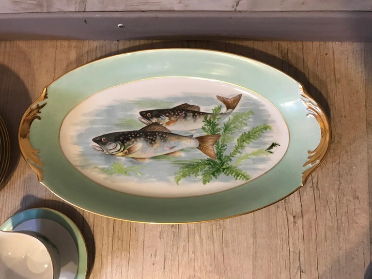 20th Century French Limoges Porcelain Hand Painted Fish Serveware, 1950s For Sale 4