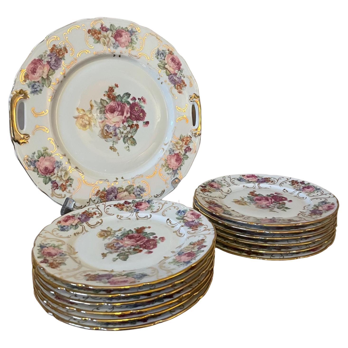 20th Century French Limoges Set of Twelve Porcelain Plates and Plater