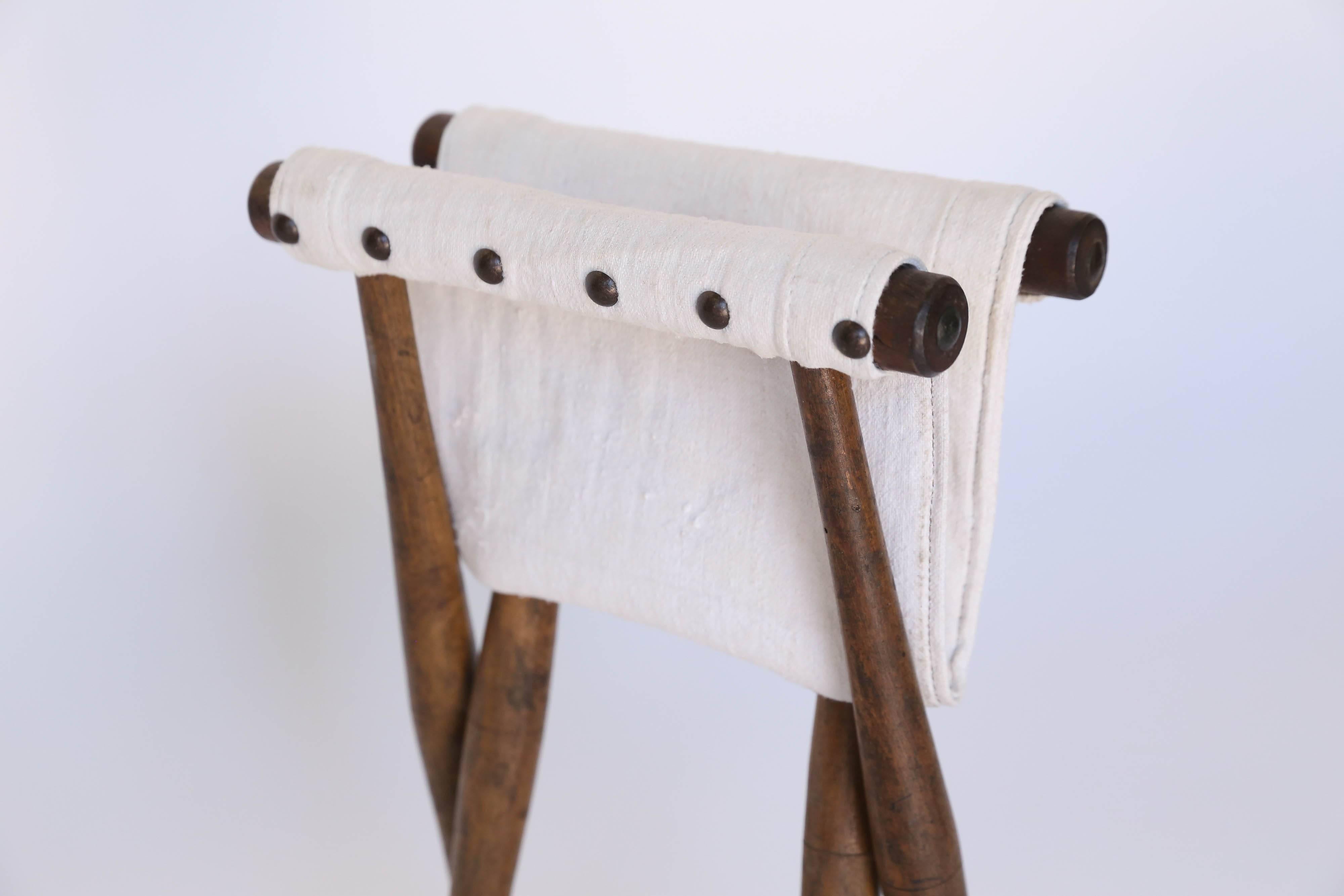 20th Century French Linen and Wood Folding Stool or Bench 3