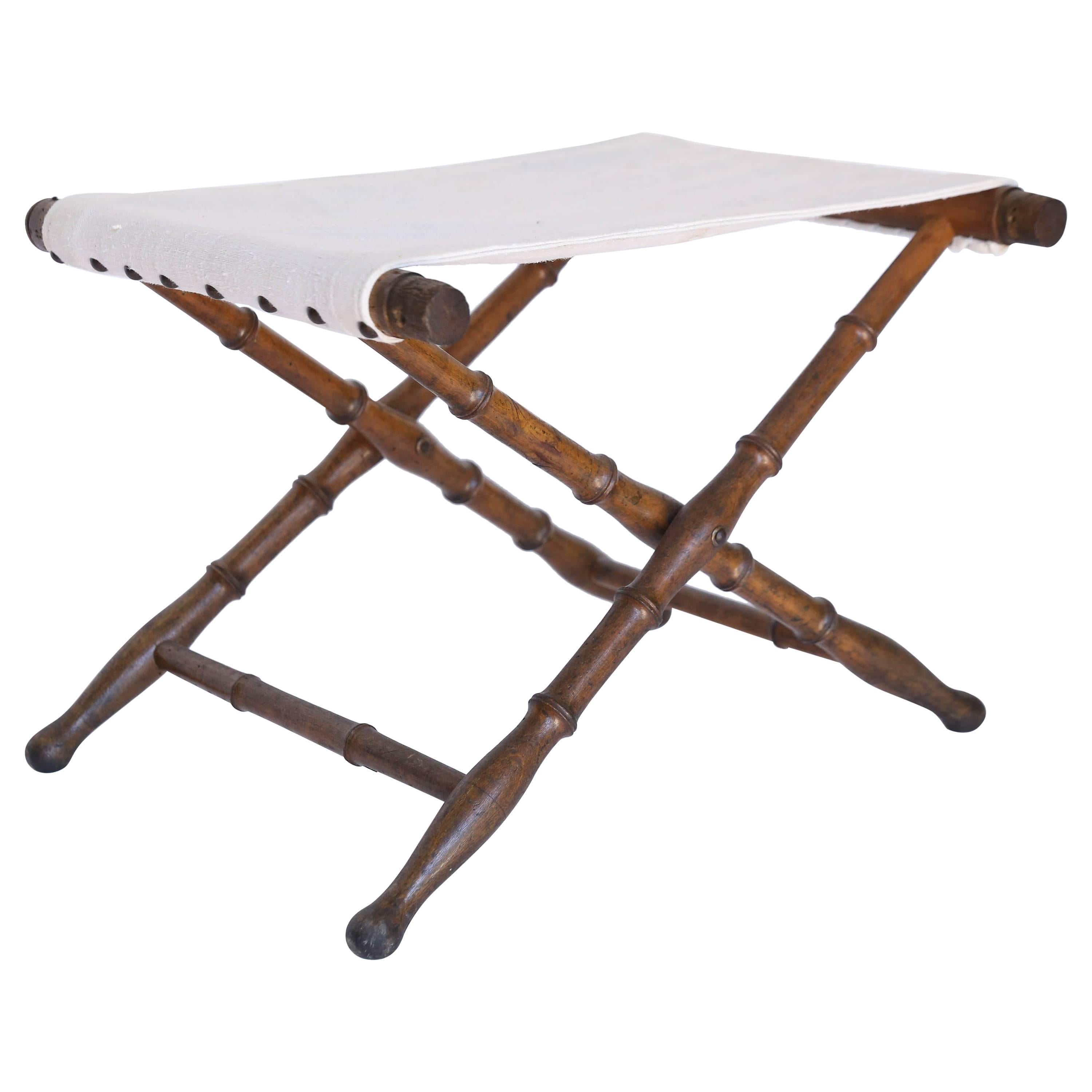 20th Century French Linen and Wood Folding Stool or Bench
