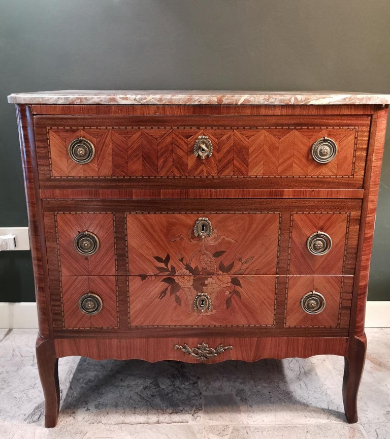 20th Century French Little Chest Of Drawers With Red Shaped Marble