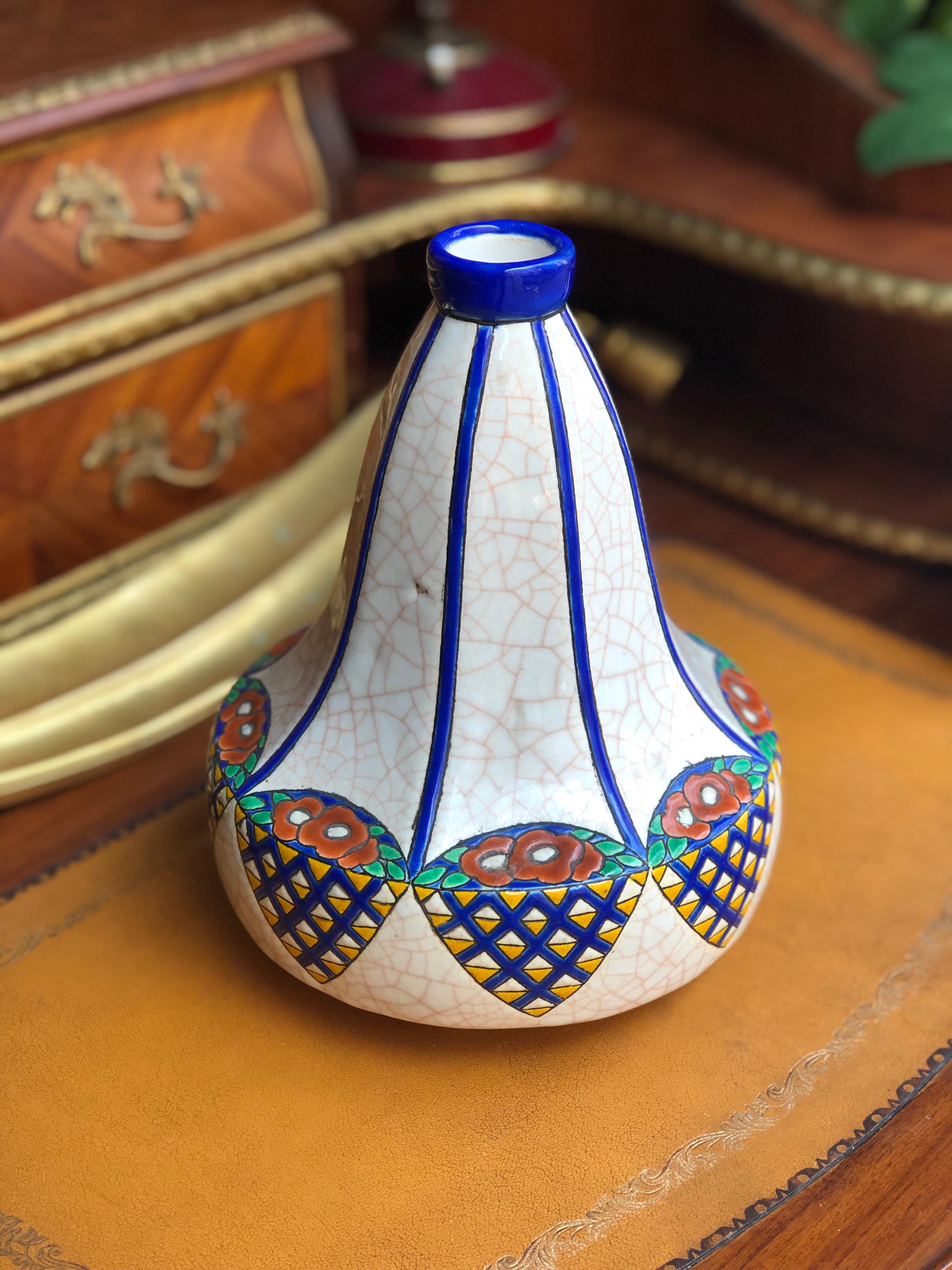 Französische Longwy Art-déco-Keramikvase in Piriform, 20. Jahrhundert, D 5053 (Emailliert) im Angebot