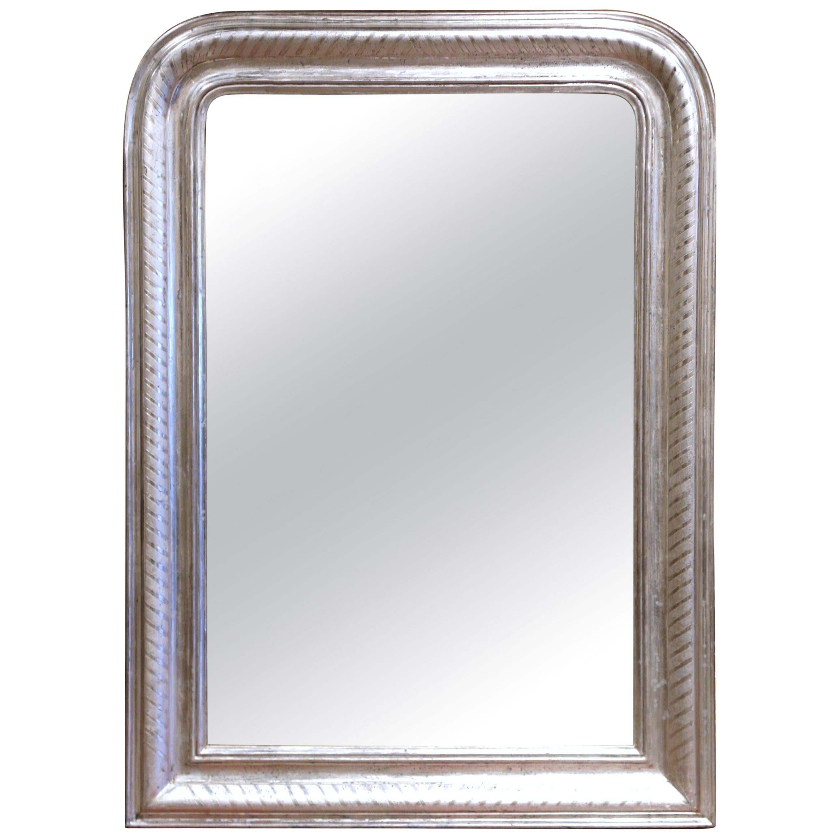 20th Century French Louis Philippe Silver Leaf Mirror with Engraved Stripe Decor