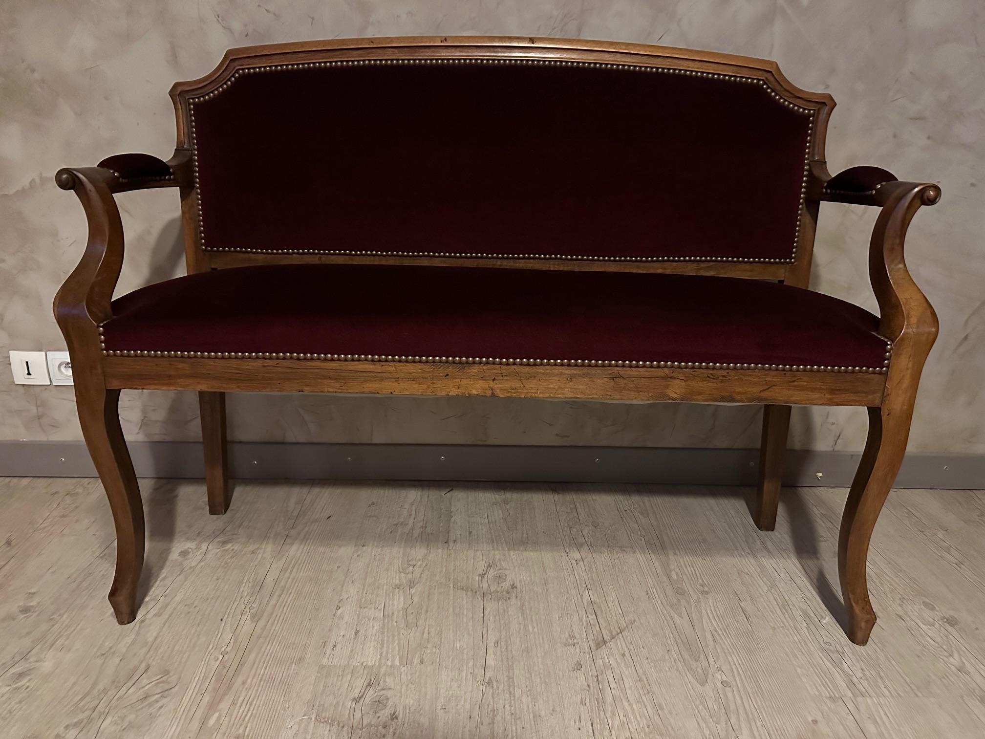 20th century French Louis Philippe Velvet Bench, 1950s In Good Condition For Sale In LEGNY, FR