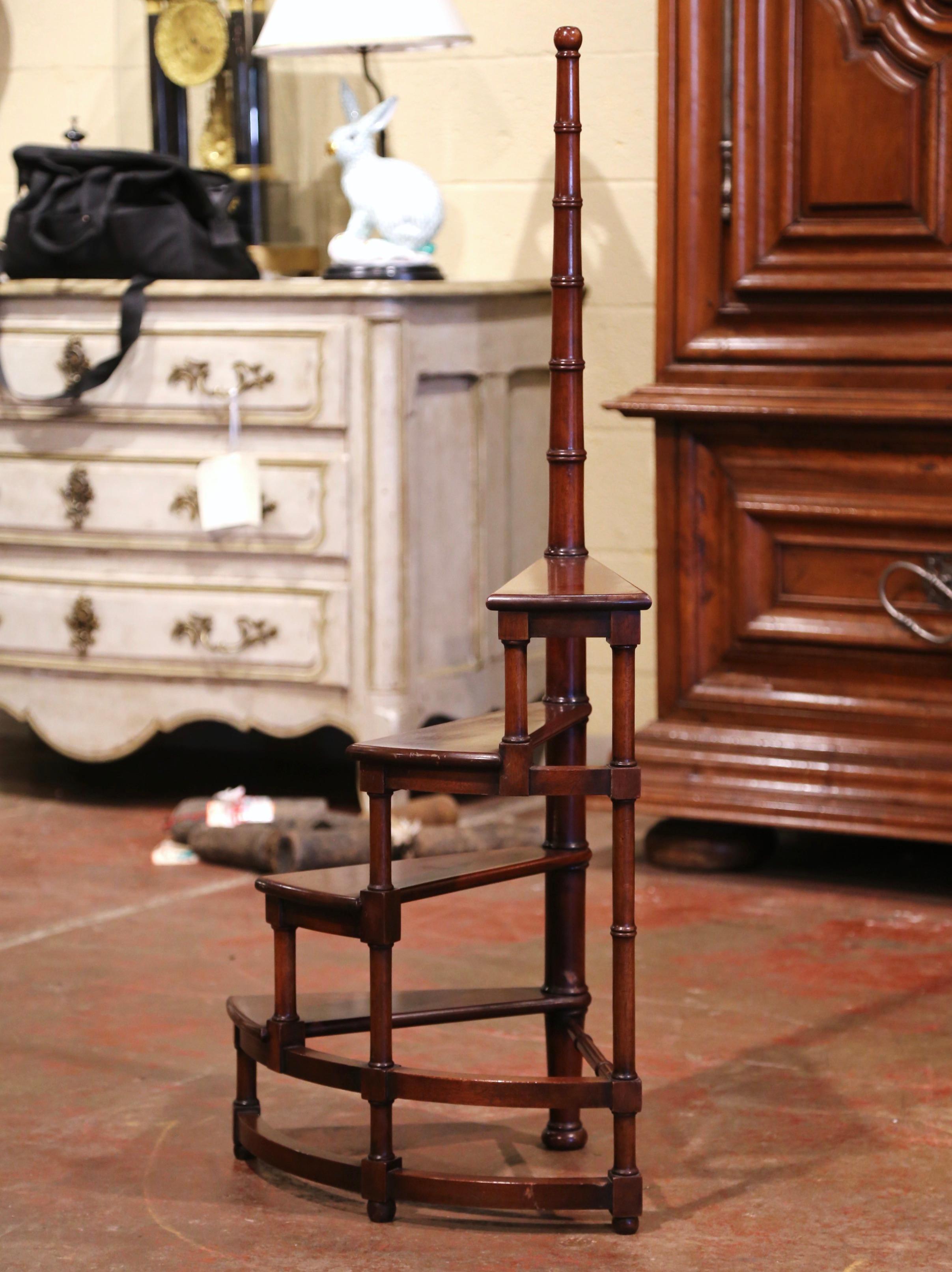 Hand-Carved 20th Century French Louis XIII Carved Mahogany Library Spiral Step Ladder