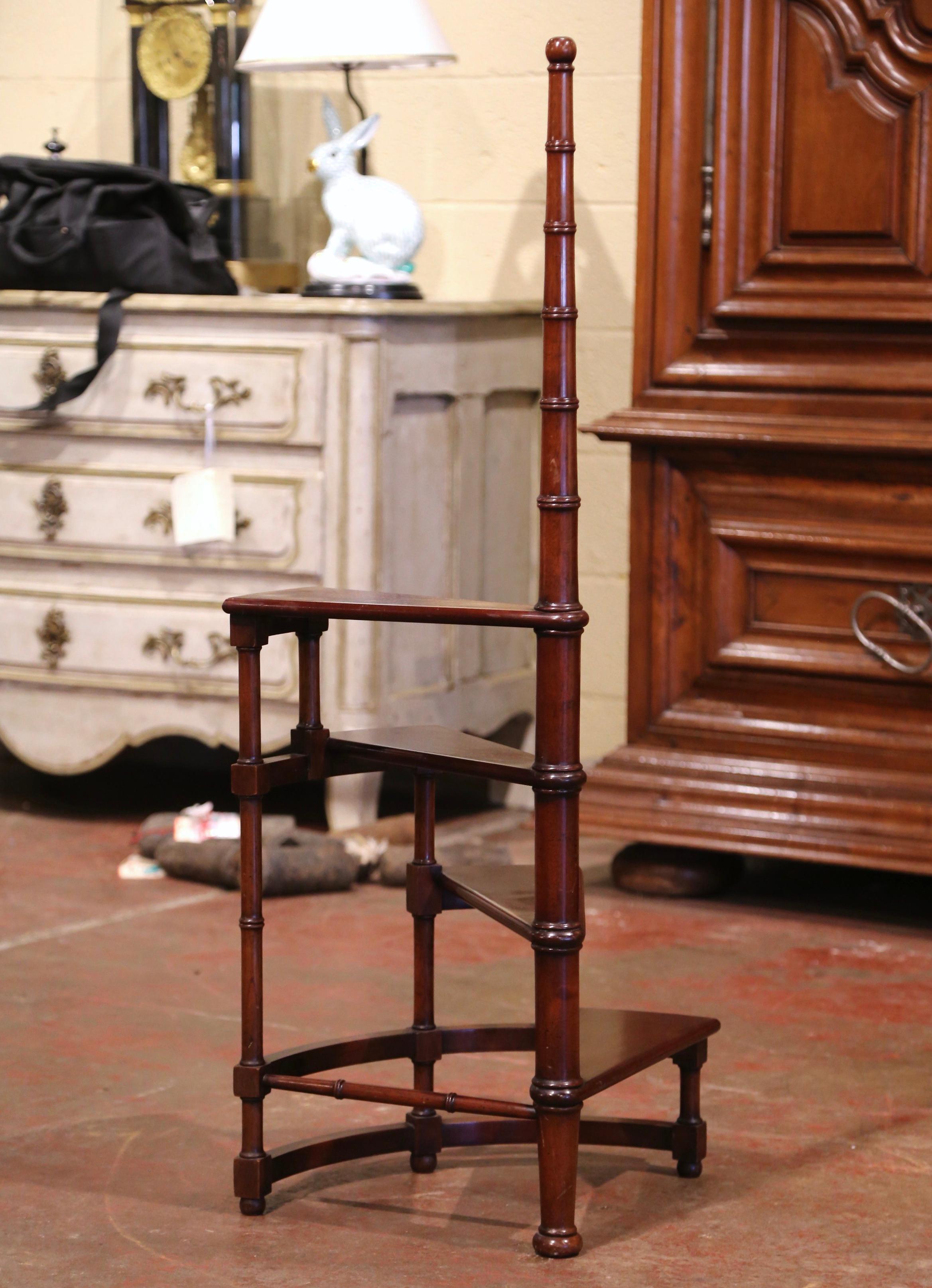 20th Century French Louis XIII Carved Mahogany Library Spiral Step Ladder 1